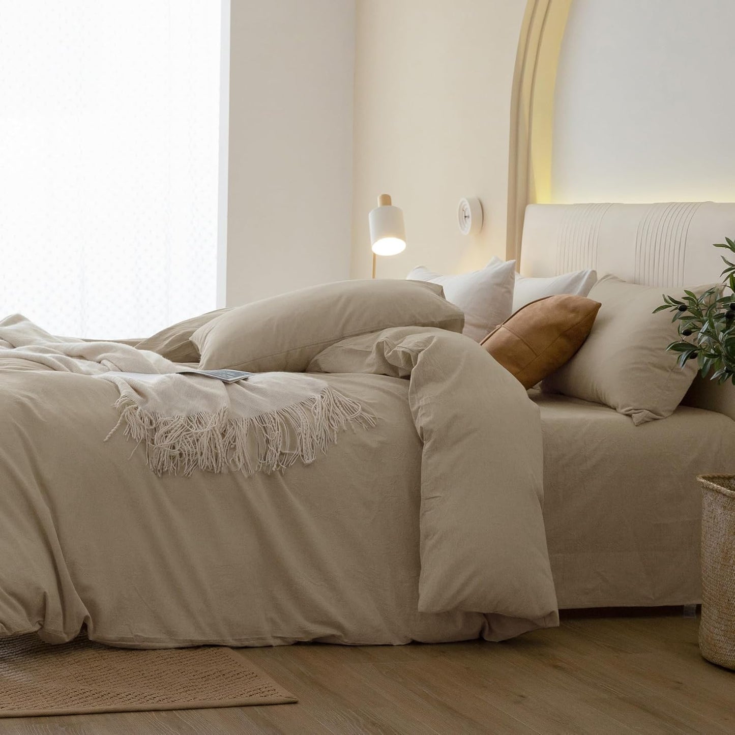 JIYUAN 100% Washed Cotton Duvet Cover Set 3 Pieces Oversized Queen, 1 Duvet Cover 98x98 Inches(Comforter Not Included) and 2 Pillowcases,Linen Feel Bedding Set Comfy and Breathable, Heathered Tan