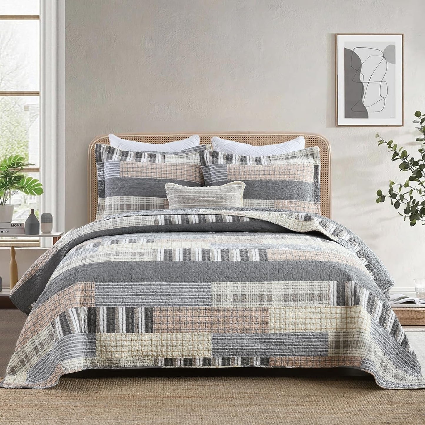 Uniclinens Quilt Set Queen Size, 100% Cotton Quilted Quilts Bedding Set Bedspreads, Farmhouse Patchwork Plaid Quilted Comforter Set, 3 Pieces Set with 2 Pillowshams, Cream/Grey/Brown