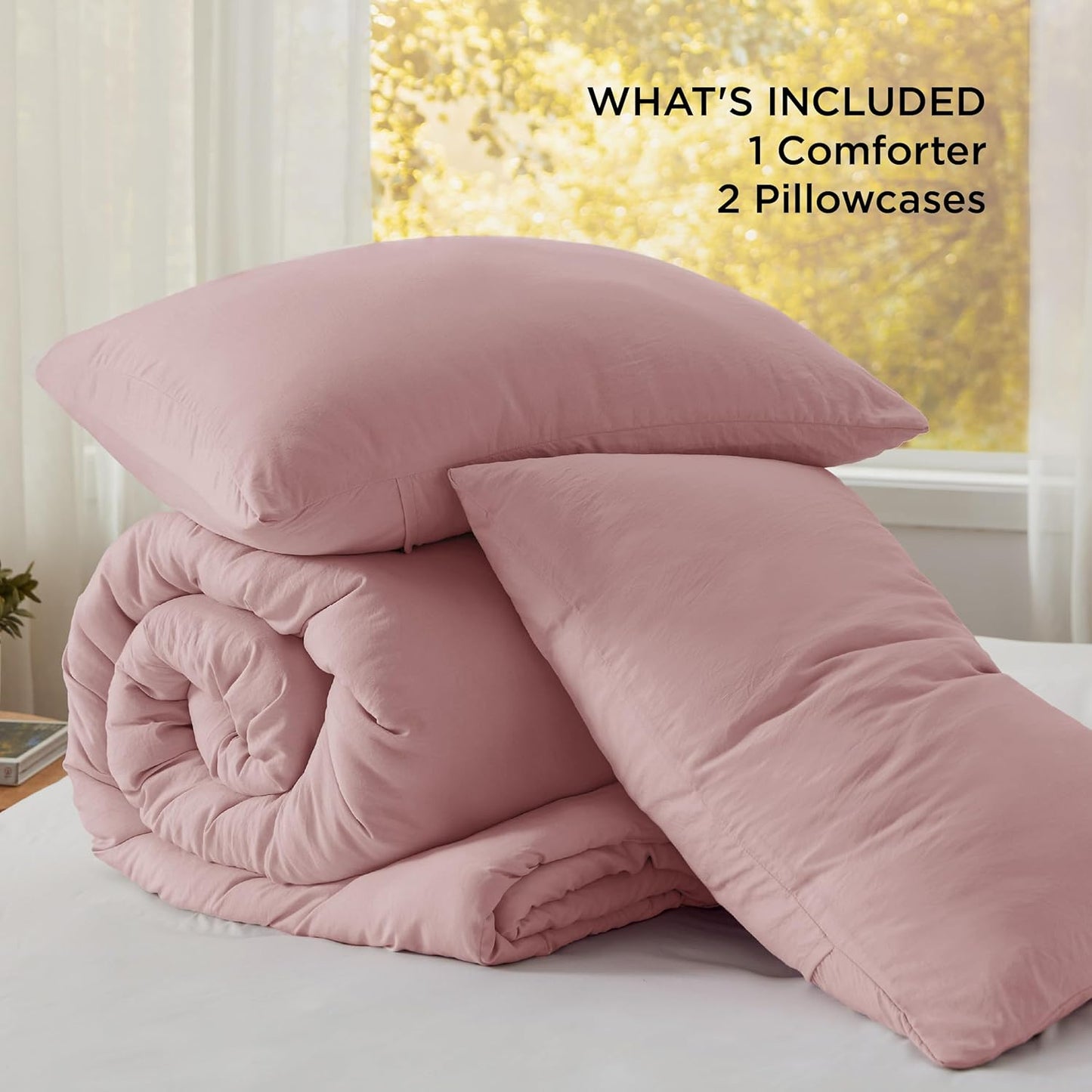Bedsure King Size Comforter Set, Pink Soft Prewashed Bedding for All Seasons, 3 Pieces GentleSoft™ Warm Down Alternative Bed Set, 1 Lightweight Comforter (104"x90") and 2 Pillowcases (20"x36")