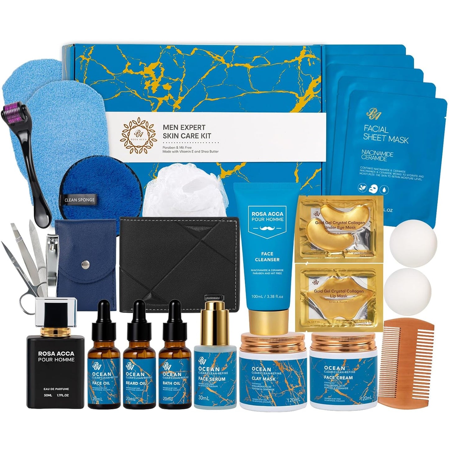 Christmas Gifts for Men, 30 Pcs Men Facial Skin Care Set, Luxury Bath & Beard Gift Set, Spa & Self-Care Gift, Clay Mask, Cleanser, Beard Oil, Cologne, Birthday, Valentines, Father Day, Boyfriend