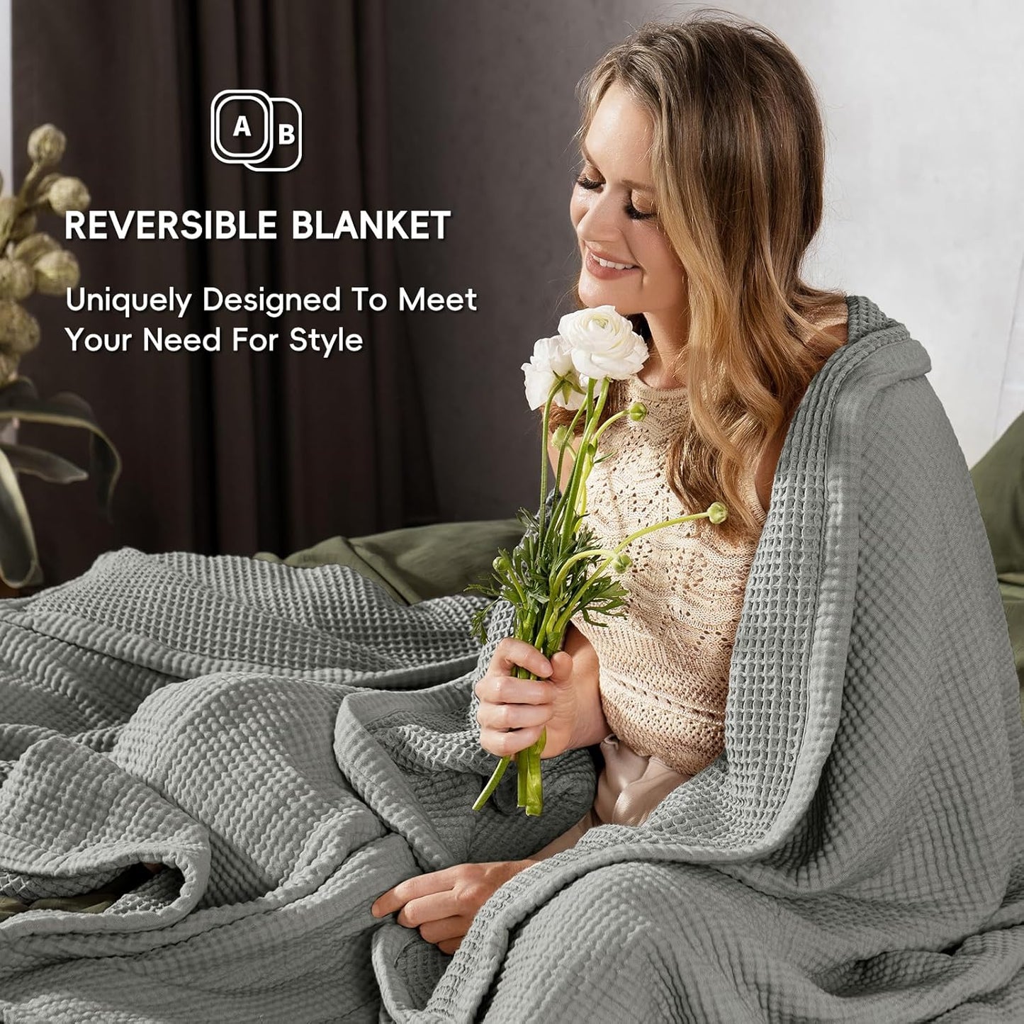 PHF 100% Cotton Waffle & Muslin Throw Blanket Large, Soft Breathable Luxury 400GSM Versatile Reversible Bedding for Couch, Great for Layering in Cold Weather, Home Decor Gift, 50" x 70", Frosted Grey
