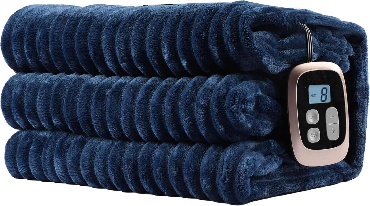Electric Heated Blanket Full-Size 72x84 Inch - Ultra Soft Silky Flannel with Ribbed Texture, 10 Heating Levels and 12 Hours Auto-Off Feature - Navy Blue