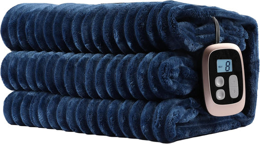 Electric Heated Blanket Full-Size 72x84 Inch - Ultra Soft Silky Flannel with Ribbed Texture, 10 Heating Levels and 12 Hours Auto-Off Feature - Navy Blue
