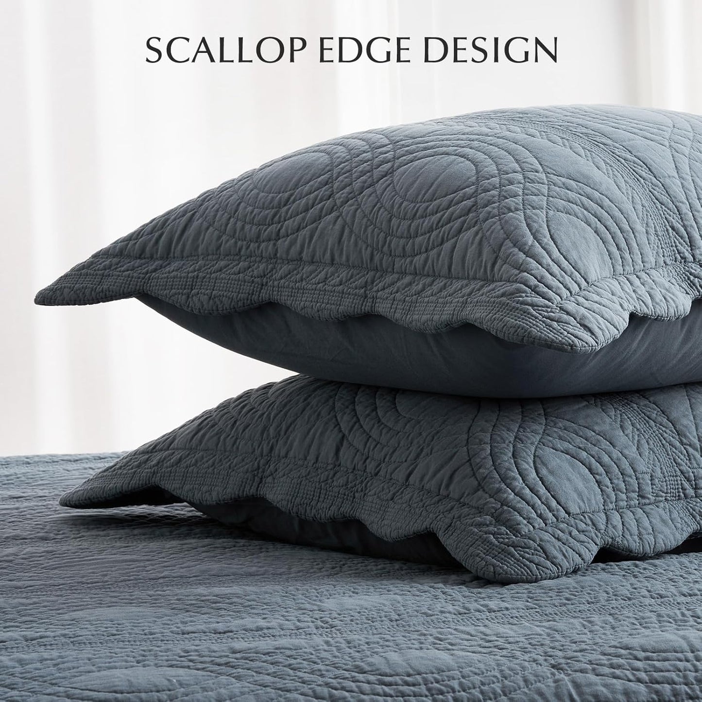 EVERGRACEHOME 100% Cotton Scallop Quilt Set, King Size 3 Piece Set – Lightweight Bedspread with 2 Shams, Soft Prewashed Matelasse Coverlet for Cozy and Elegant Bedding, Stormy Blue