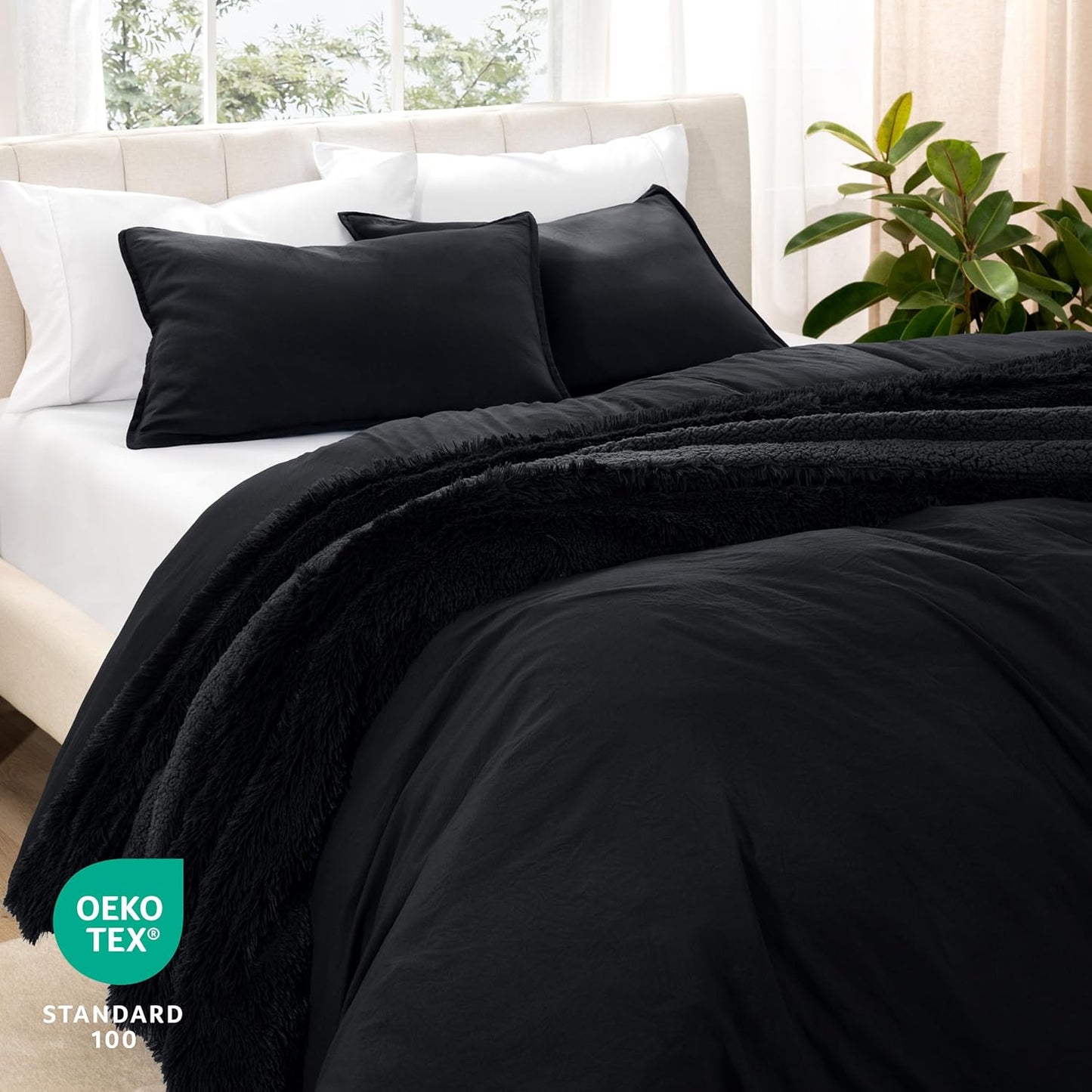 Bare Home Microfiber Duvet Cover Set - Ultra Soft Washed Microfiber - Oversized Queen Size - Linen-Like Look - Easy Care - Breathable Fabric - Our Softest Duvet Cover Set (Oversized Queen, Black)