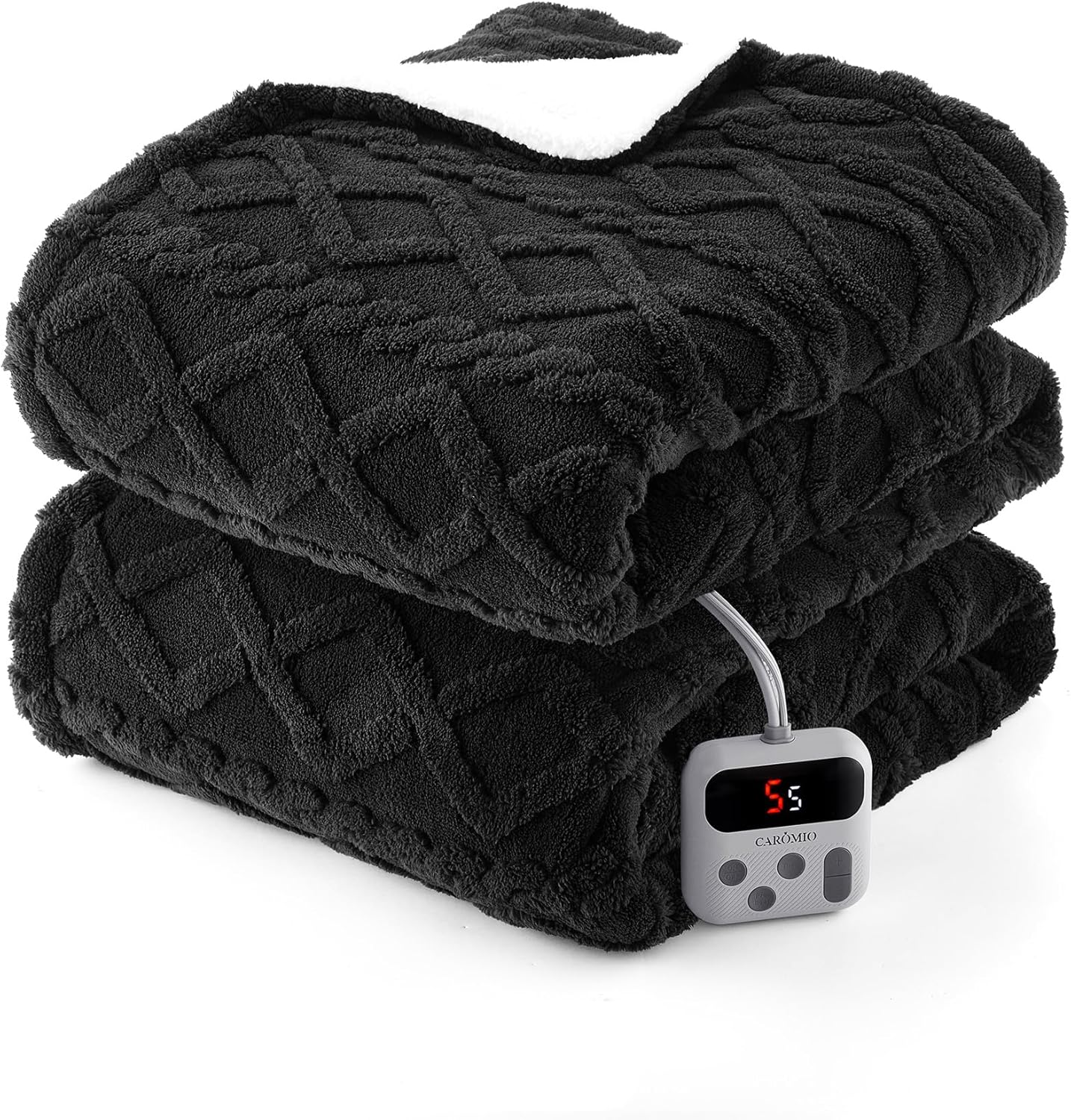 CAROMIO Electric Blanket Twin Size - Thick Tufted Sherpa Heated Blanket Twin with 10 Heating Levels and 10 Time Settings, ETL Certified Machine Washable Fast Heating Blanket Twin 62"×84", Black
