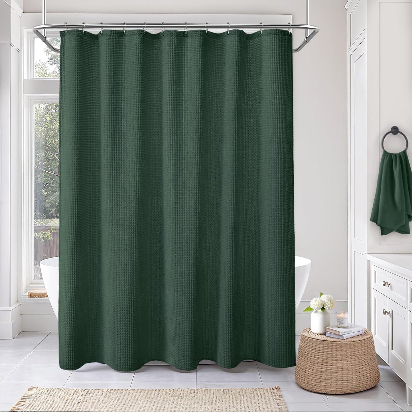 Stall Waffle Shower Curtain - Dark Green Cotton Fabric Texture Heavyweight Shower Curtain for Narrow Bathroom,Washable,60Wx72L
