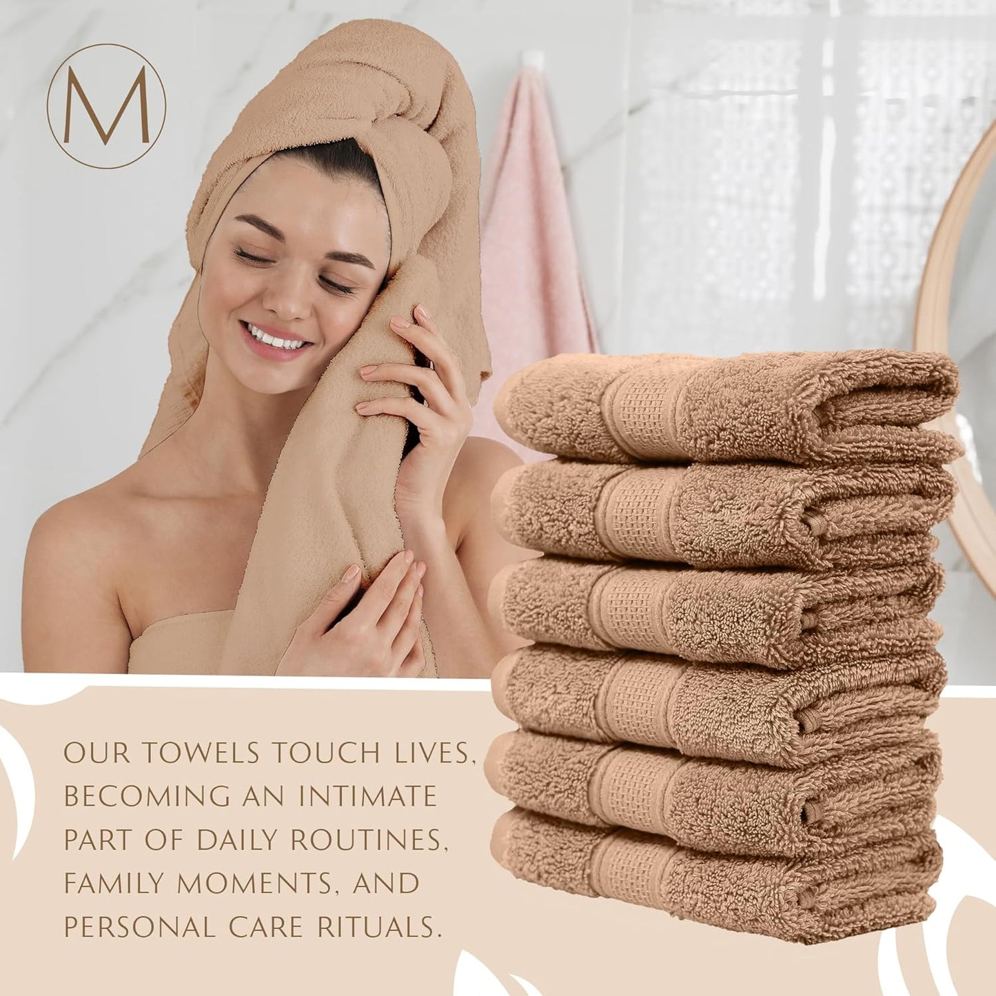 MAURA 6-Pack Premium Turkish Washcloth Set - Ultimate Luxury with Soft, Thick, Super Absorbent, and Oversized Cotton Face Towels - Ideal for a Hotel & Spa Quality Experience in Classic Brown Elegance