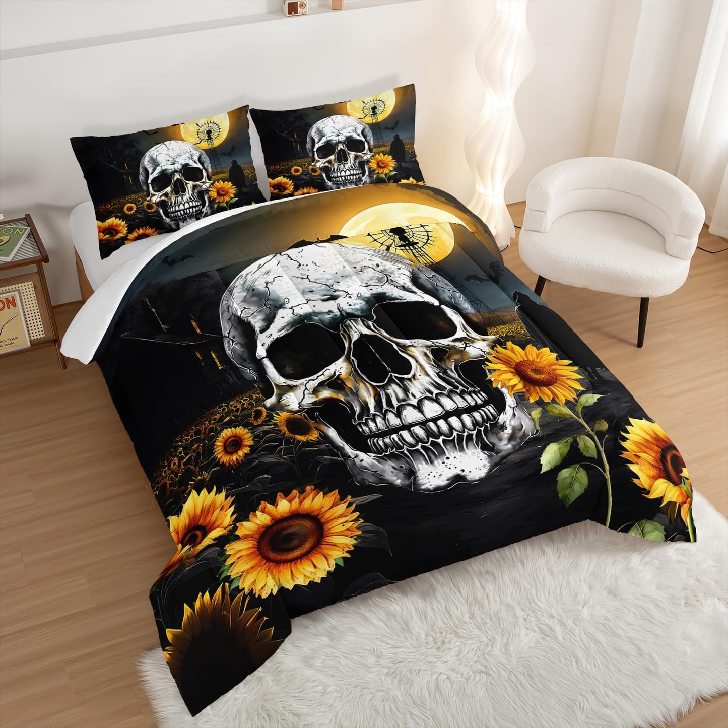 Skull Comforter Set for Gothic Decor Bedroom,Sunflower Floral Bat Print Bedding King Size Comforter Set for Kids Boys Girls,Dark Night Halloween Horror Bedding Set with 2 Pillowcases.