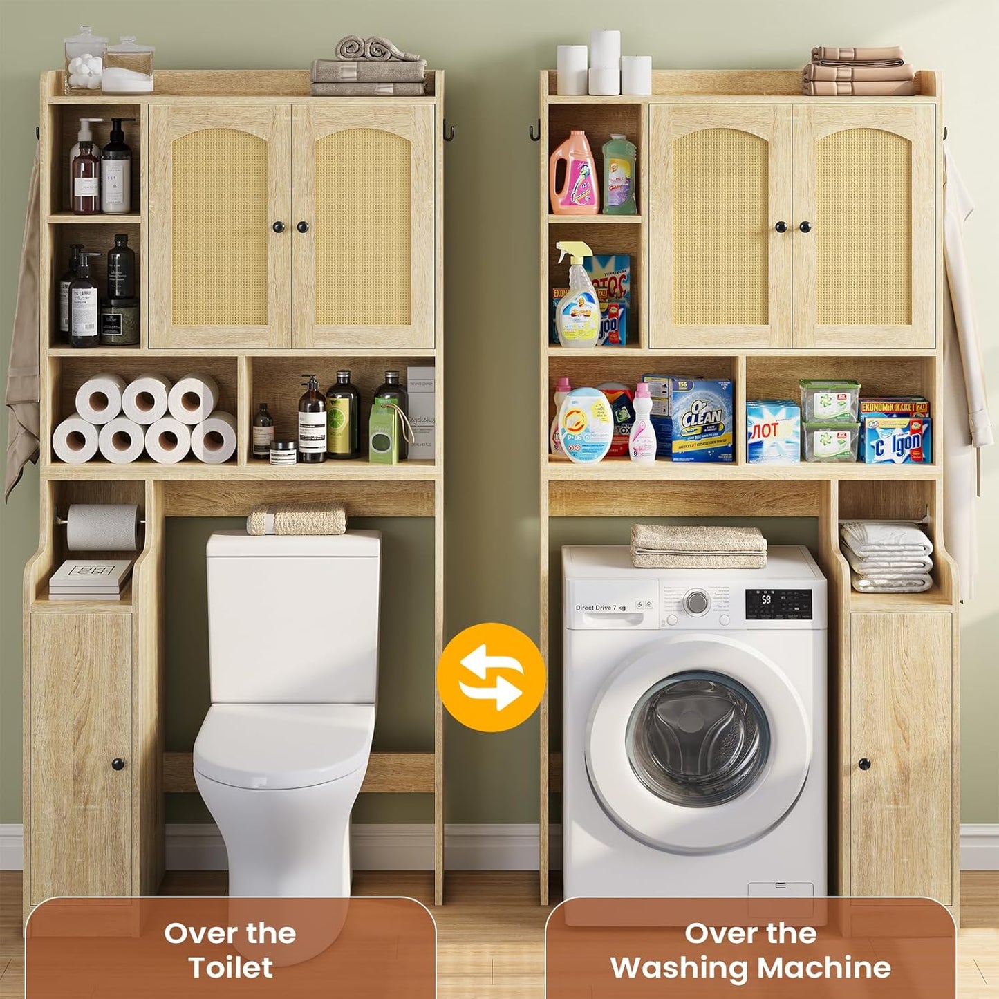 Itaar Over The Toilet Storage Cabinet, Farmhouse Rattan Bathroom Cabinet, Over Toilet Bathroom Organizer with Rattan Barn Doors & Toilet Paper Holder Stand, for Restroom, Laundry