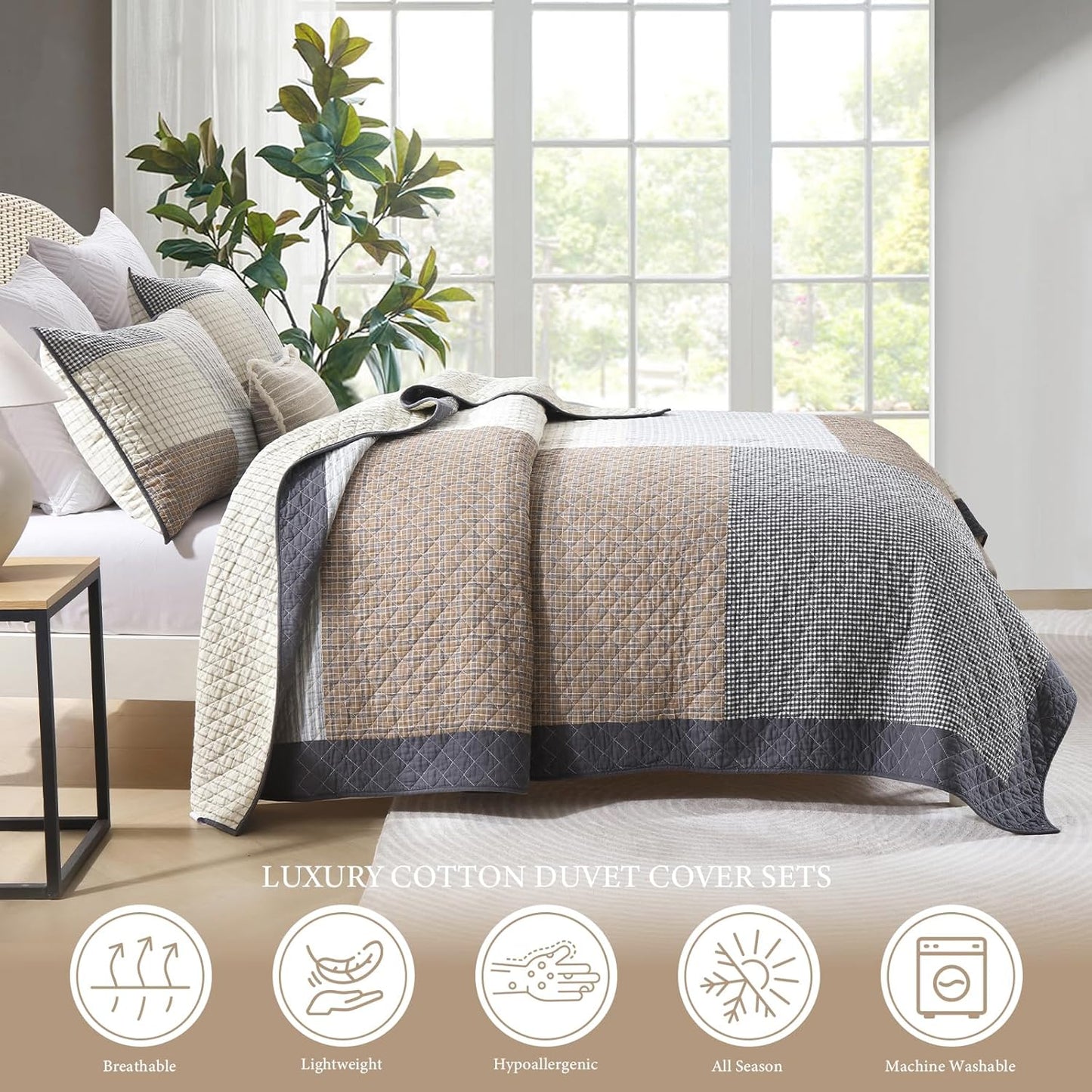 Uniclinens Quilt Set Queen Size, 100% Cotton Quilted Quilt Bedding Set Bedspread, Patchwork Plaid Quilt, Lightweight Quilted Comforter Set, 3 Pieces Set with 2 Pillowshams, Brown/Beige/Gray
