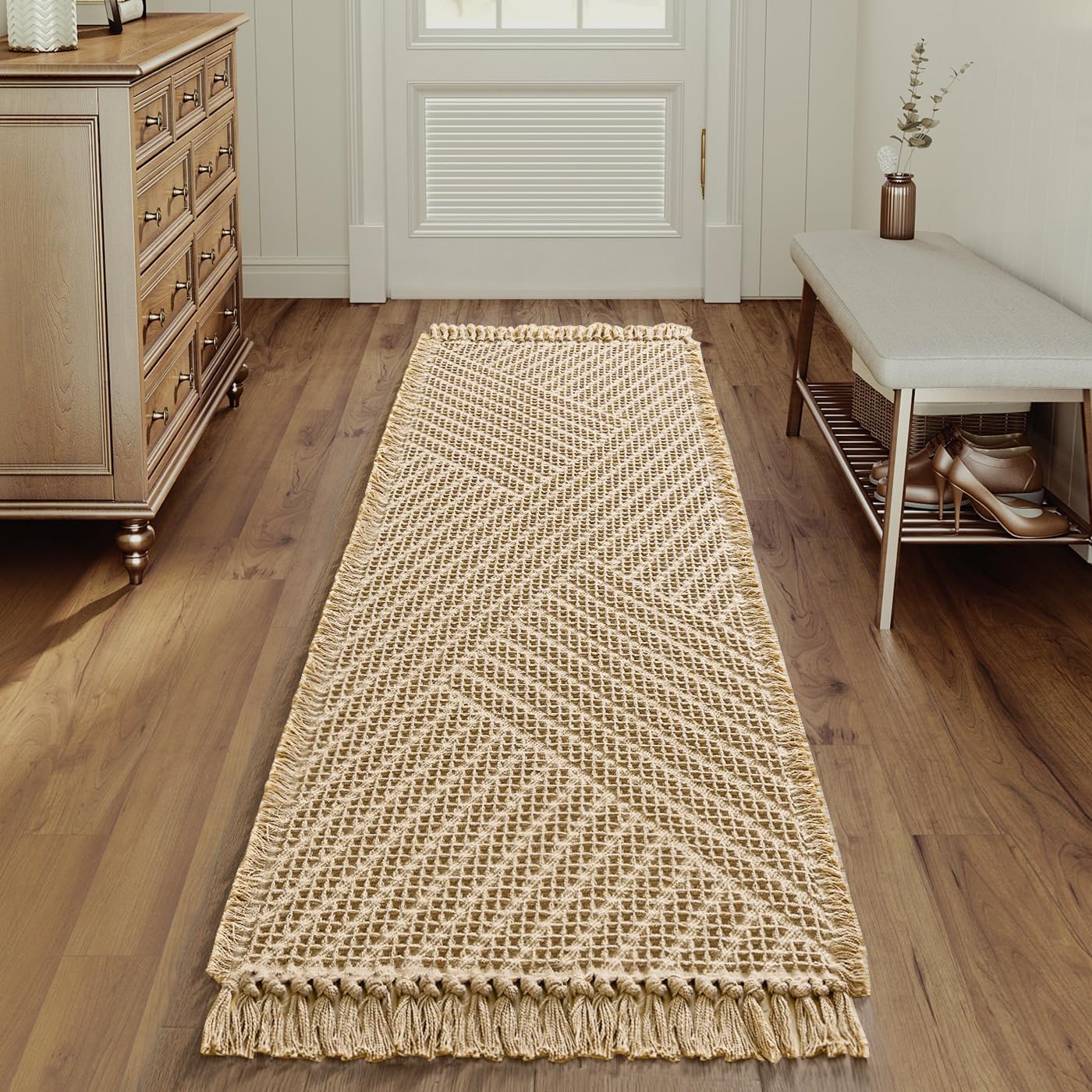 H.VERSAILTEX Waffle Bath Runner Rug Long Bath Mat Super Absorbent Boho Bath Rugs Non Slip Bath Runner for Bathroom Floor Machine Washable Dry Fast Bathroom Rugs with Tassels, 24" x 72", Sand
