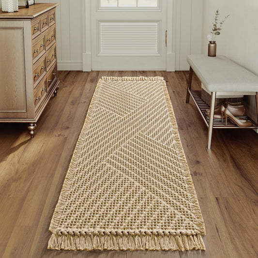 H.VERSAILTEX Waffle Bath Runner Rug Long Bath Mat Super Absorbent Boho Bath Rugs Non Slip Bath Runner for Bathroom Floor Machine Washable Dry Fast Bathroom Rugs with Tassels, 24" x 72", Sand