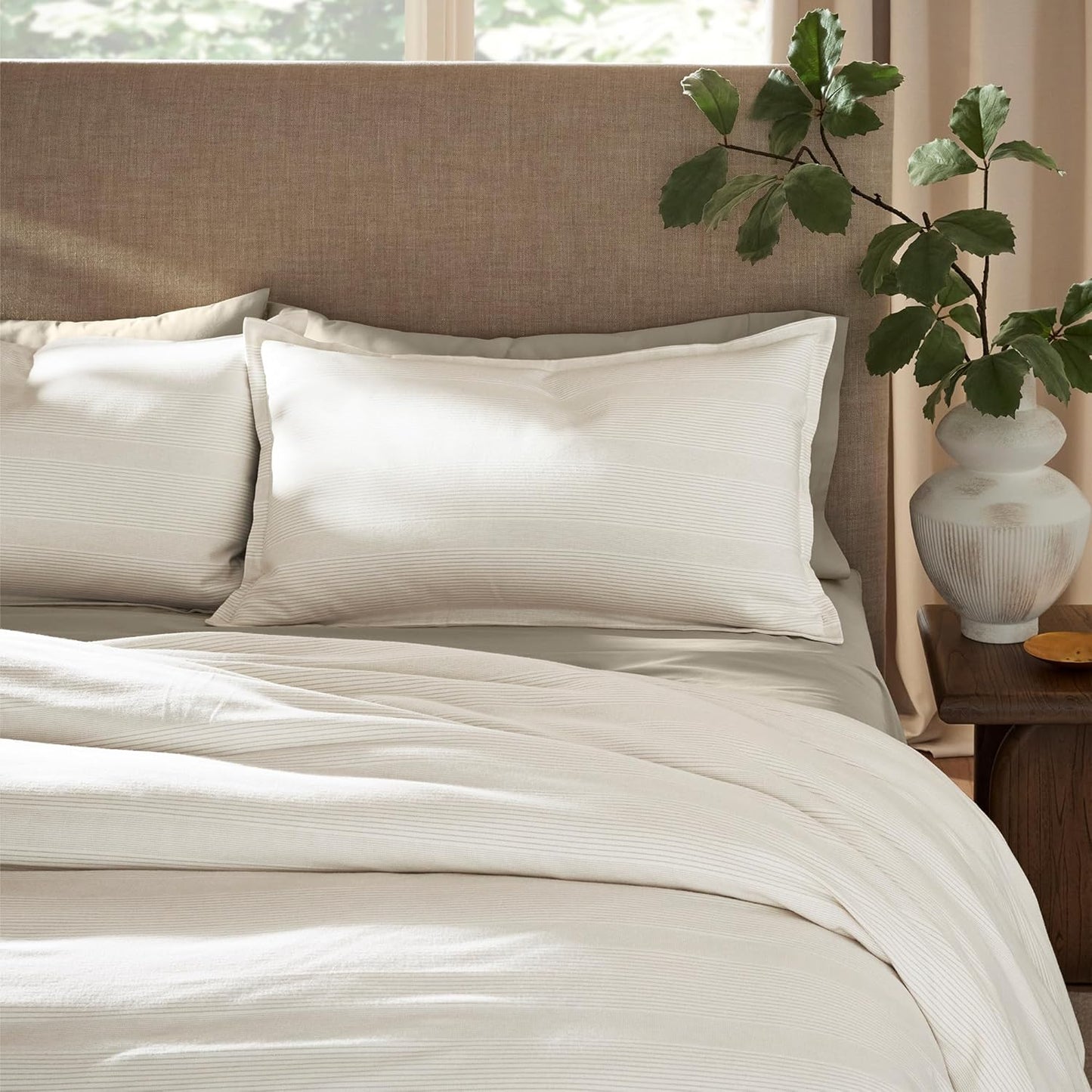 BOLL & BRANCH Flannel Fine Line Stripe Duvet Set - King/Cal King, Cream/Oak - Luxury 100% Organic Cotton - 1 Duvet Cover, 2 Shams - Velvety Soft, Warm & Breathable Weave