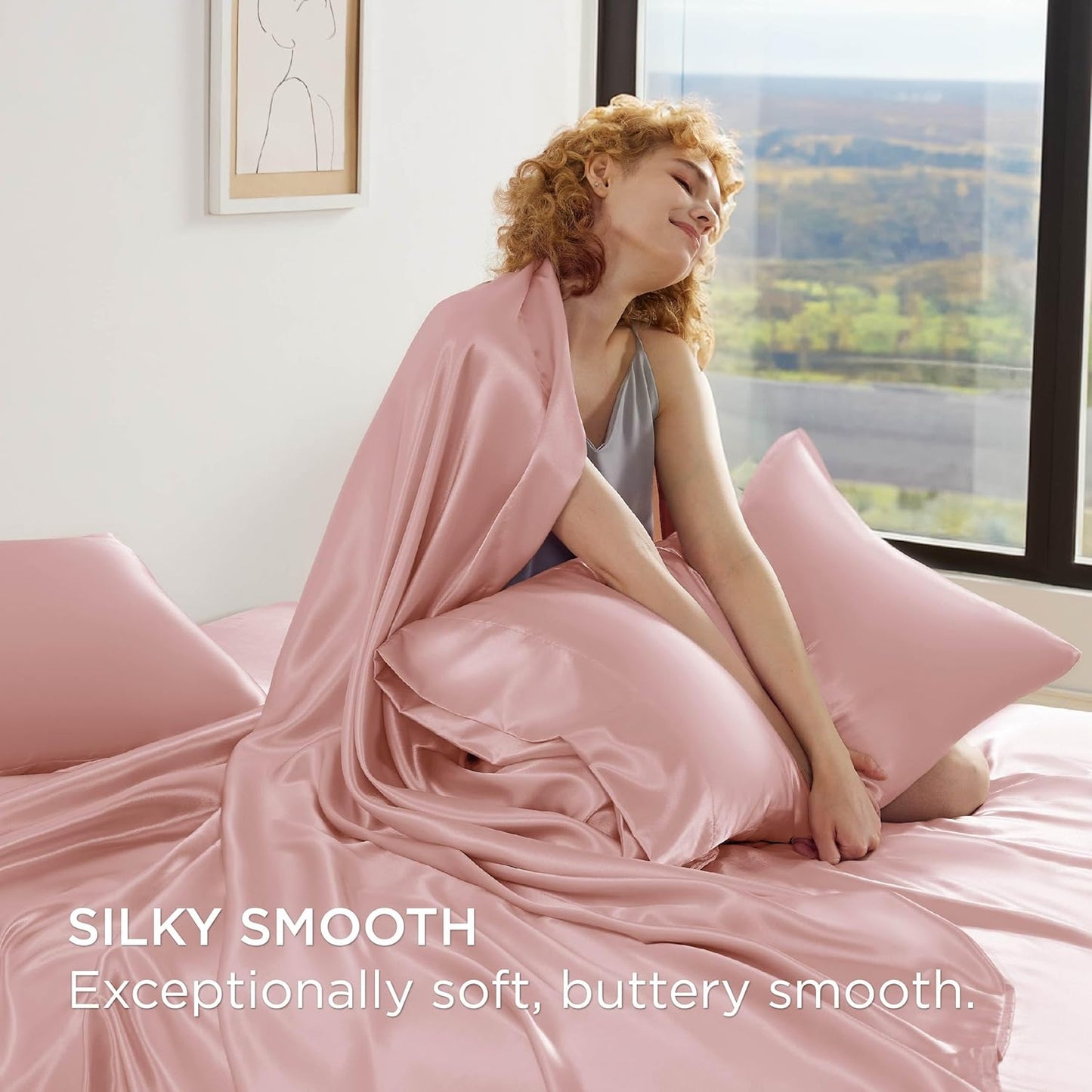 Bedsure Satin Sheets Full Size - 4 Piece Silky Bedsheets with 15 Inches Deep Pocket Fitted Bedsheet,1 Flat Sheet, 2 Satin Pillowcases, Good for Hair & Skin (Full, Blush Pink)