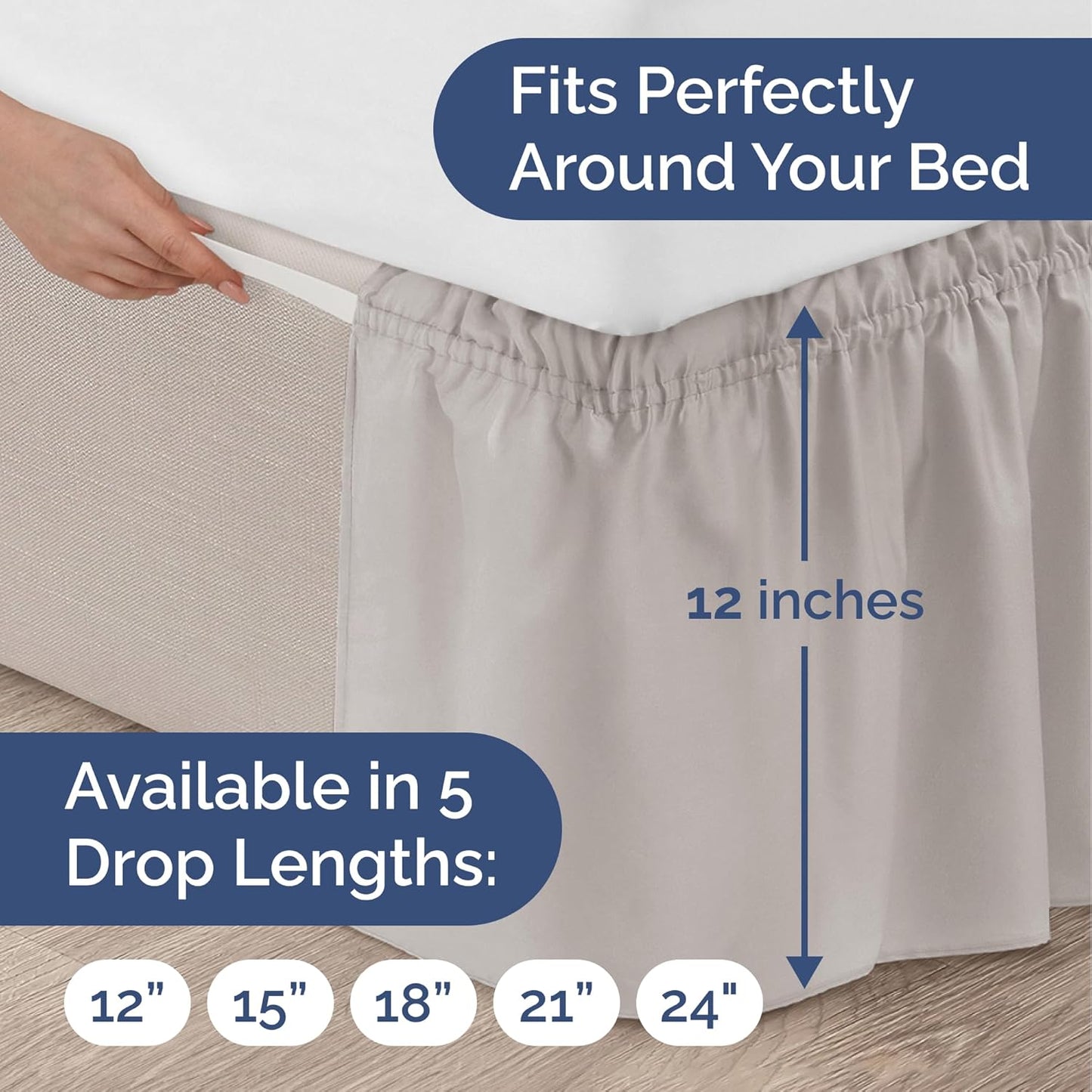 Wrap Around Dust Ruffle Bed Skirt - Light Grey - for Queen Size Beds with 12 Inch Drop - Elastic Strap - Adjustable Pleated Bedskirt with Brushed Fabric and Wrinkle Free - For Women, Men, Kids & Teens