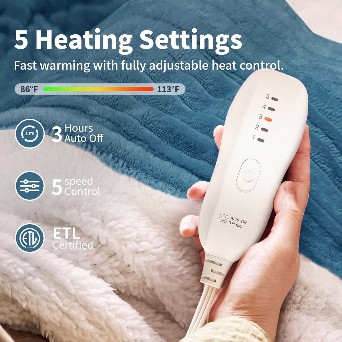 Heated Blanket Electric Throw 50”X60”-Heating Blanket with 5 Heat Settings-3 Hours Auto Off,ETL Certified,Machine Washable (Blue)