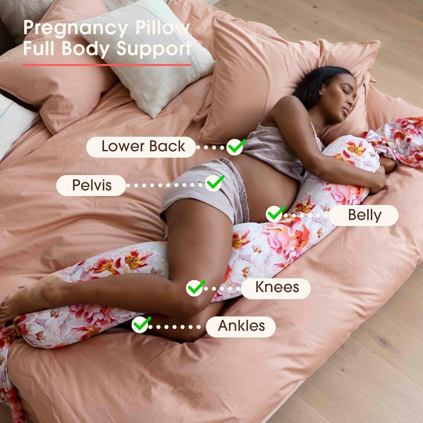 bbhugme Adjustable Pregnancy Pillow – Full Body Support for Side Sleeping - Adjustable Firmness and Shape - Supports Back, Legs, Belly, HIPS for Pregnant Women - Removable Cover - Blushing Roses