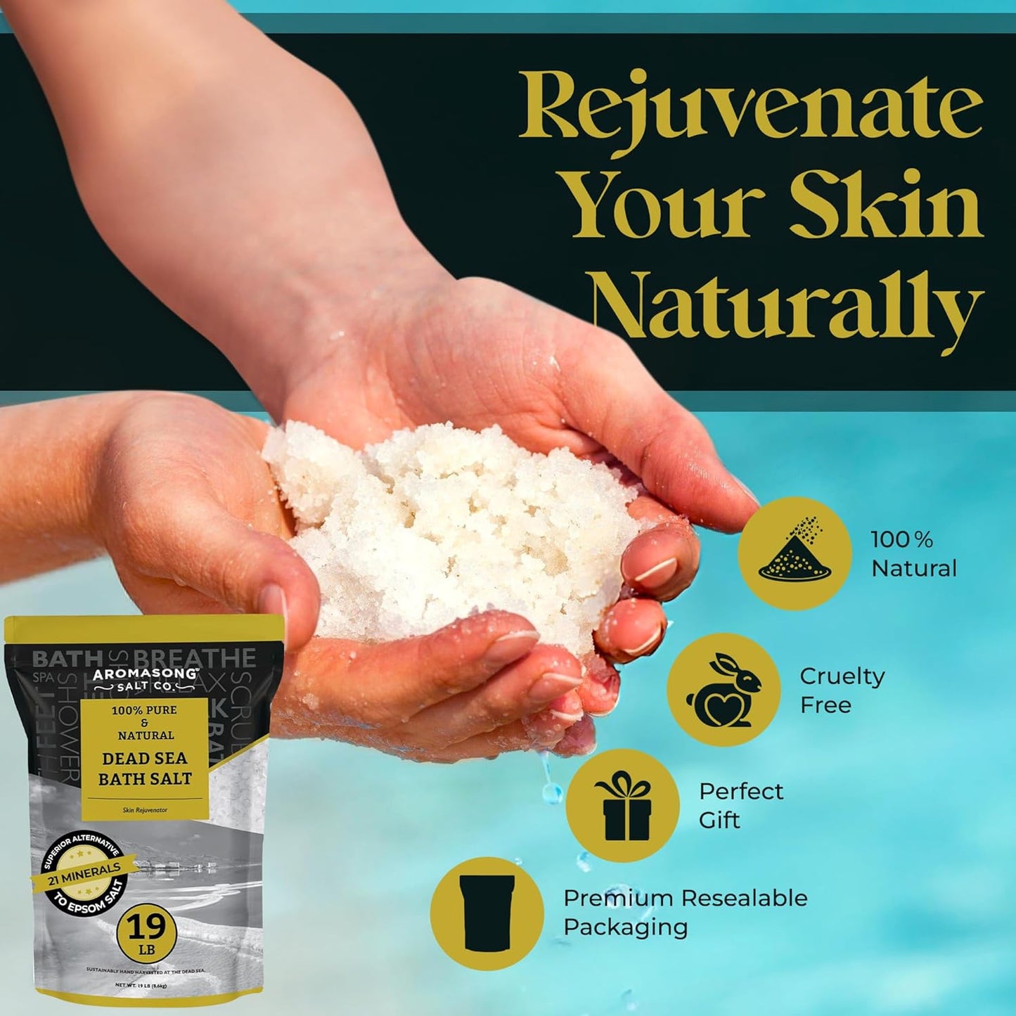 Aromasong Dead Sea Salt - Spa Bath Salt - Bulk 19 Lb Pack of 78 (1482 Lbs Total) Fine Grain - 100% Pure - Better Absorbing Than Epsom Salt - Soak for Women & Men for Skin Issues and Relaxation