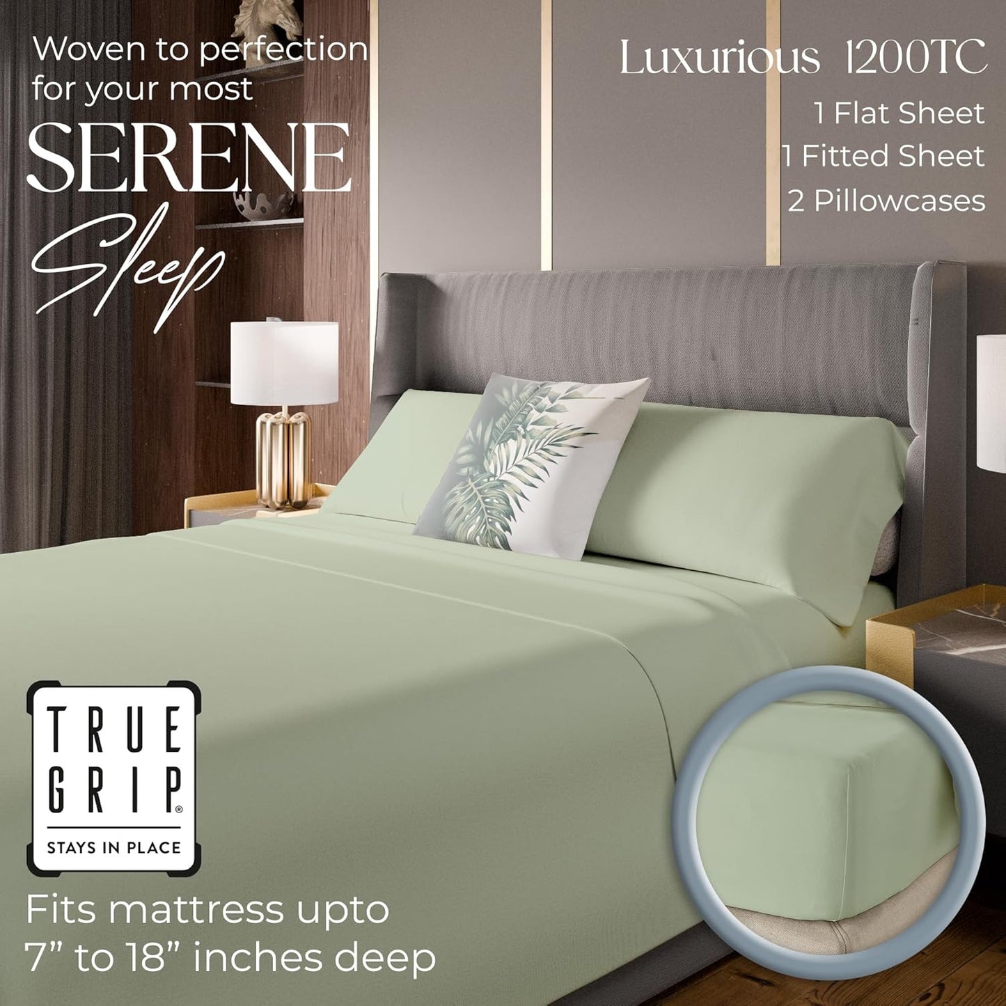 1200 Thread Count Queen Size Sheets Set Pastel Green, Ultra Soft Cotton Rich Easy Care Sateen Bed Sheet, Moisture Wicking Deep Pocket Sheets (1 Flat Sheet 1 Fitted Sheet & 2 Pillowcases)