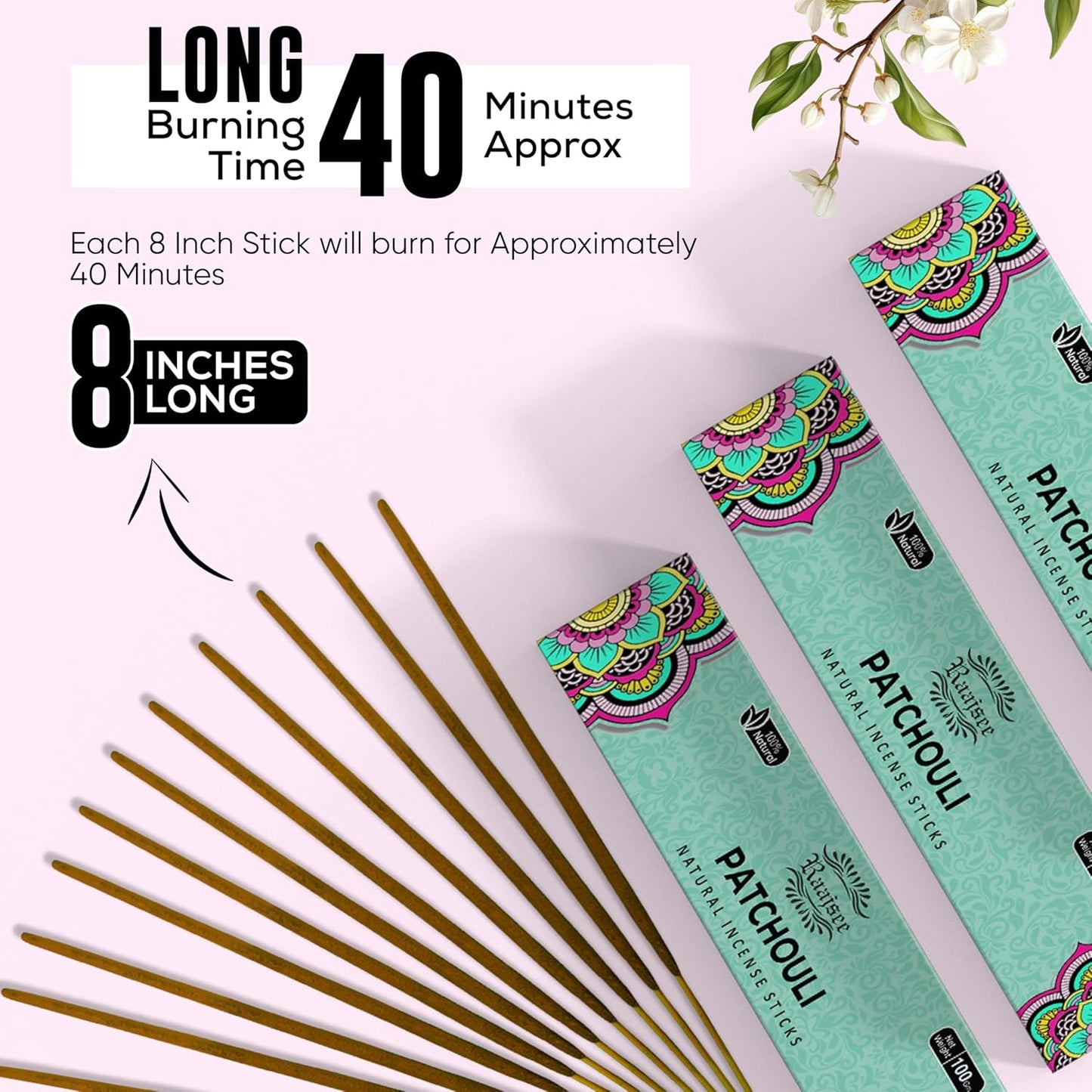 Raajsee Patchouli Incense Sticks (180 gm), 100% Pure Organic Natural Hand Rolled Free from Chemicals - Patchouli Incense Perfect for Aromatherapy, Cleansing, Meditation, and Church(Pack of 12)