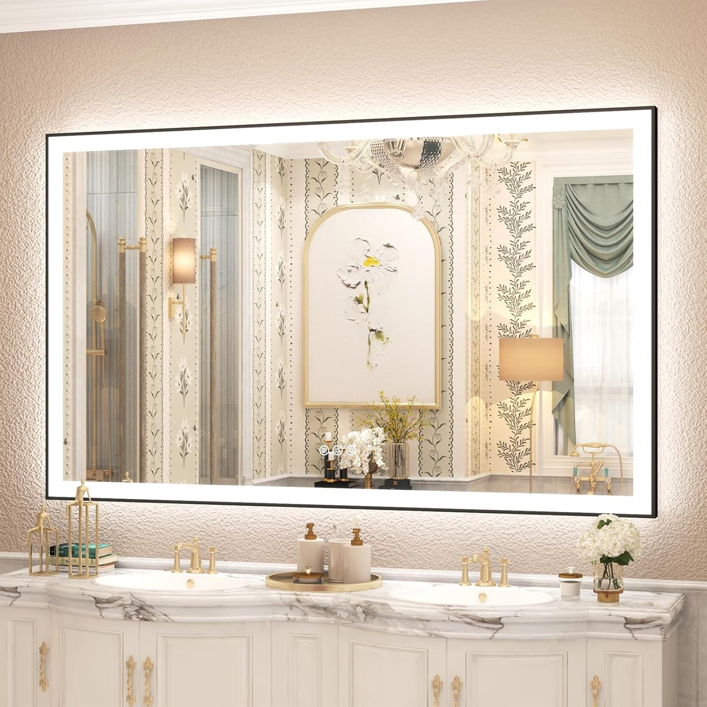 SMIROR 60x 40 Black Framed LED Bathroom Mirrors, Smart Vanity Mirrors with Lights, Front Lighted and Backlit, Dimmable, Anti-Fog, Shatterproof, ETL Listed (Horizontal/Vertical)