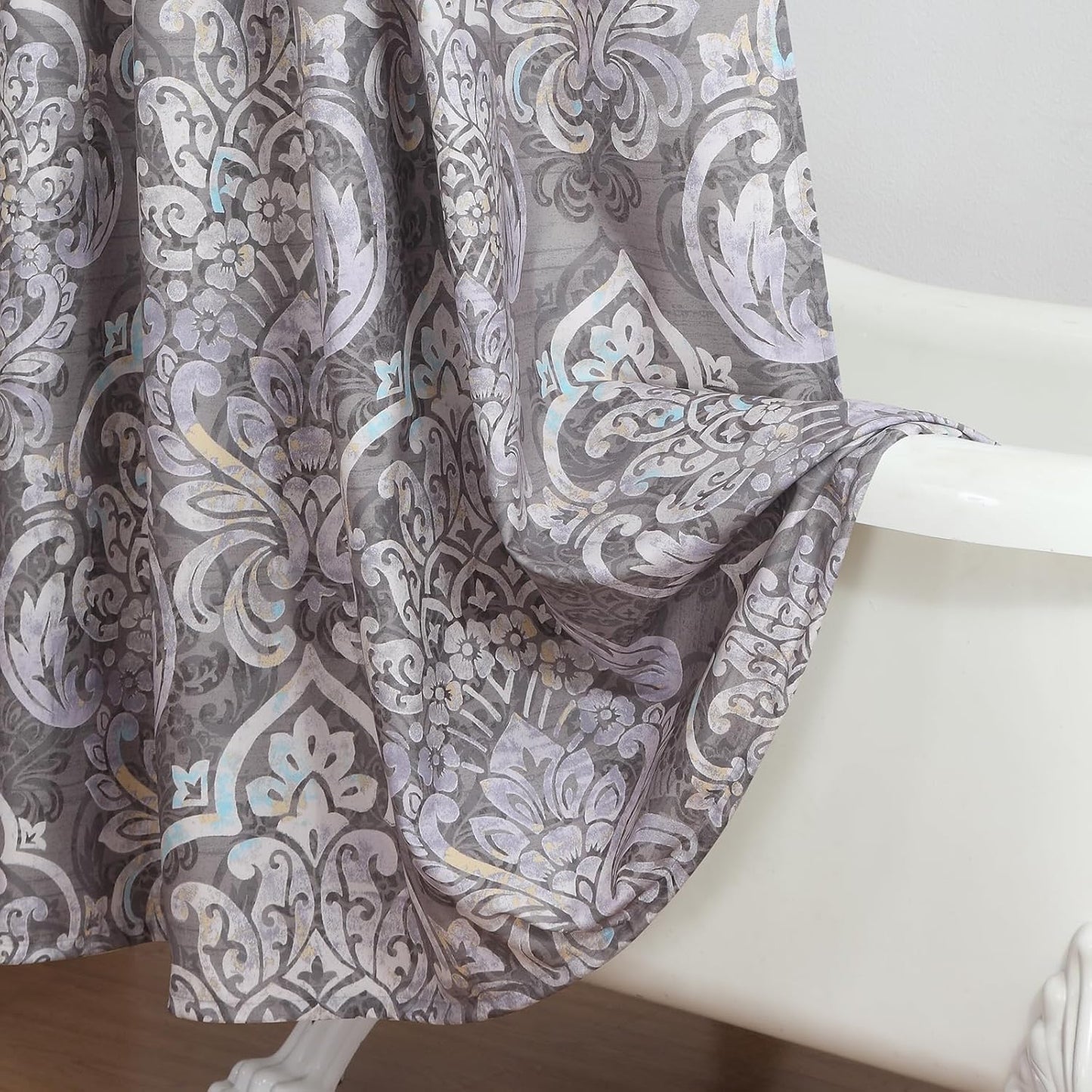 90 Inch Extra Long Shower Curtain, Gray Bath Curtain with Purple Baroque Medallions, Waterproof Hotel Quality Fabric, 72" W x 90" H