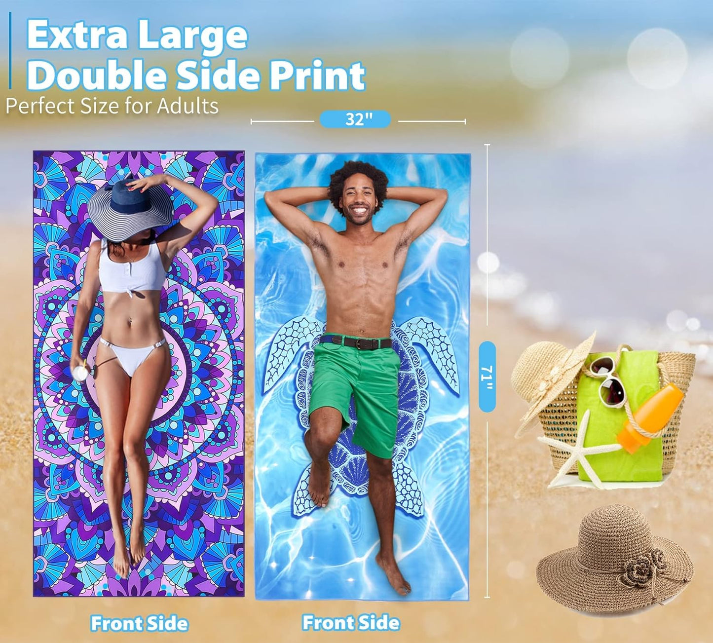 4 Pack Microfiber Thin Beach Towel Lightweight 71x32 Extra Large Sand Free Soft Towels Quick Dry for Travel Pool Yoga Gym Sports Beach Accessories Vacation Essential Gift