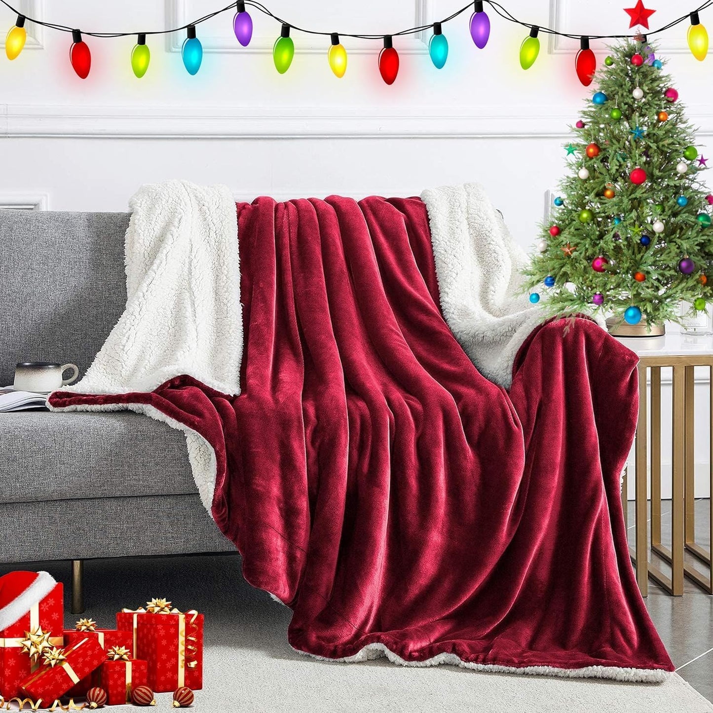 IR Imperial Rooms Sherpa Fleece Throw Blanket Twin Size for Couch - Thick and Warm Fluffy Blankets for Winter, Soft and Fuzzy Twin Blanket for Bed, Burgundy, 60x80 Inches