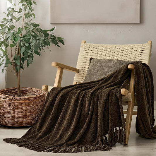 EVERGRACE Soft Chenille Throw Blanket for Couch, Cozy Plush Fuzzy Decorative Chenille Knit Throw Blanket with Tassels, Lightweight Blanket and Throws for Bed Sofa Gift Home Decor, Dark Brown 50"x60"