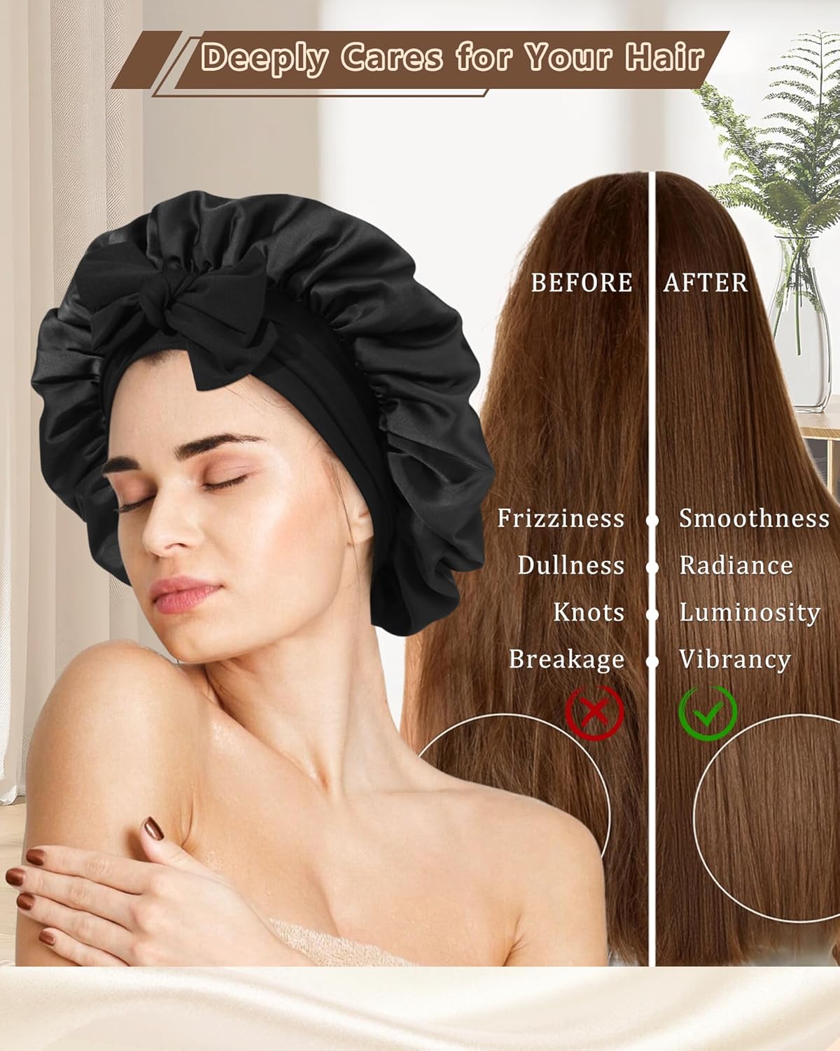 AWAYTR Women Satin Bonnet for Sleeping - Double Layer Silk Hair Bonnet with Elastic Tie Band for Braids Curly Hair