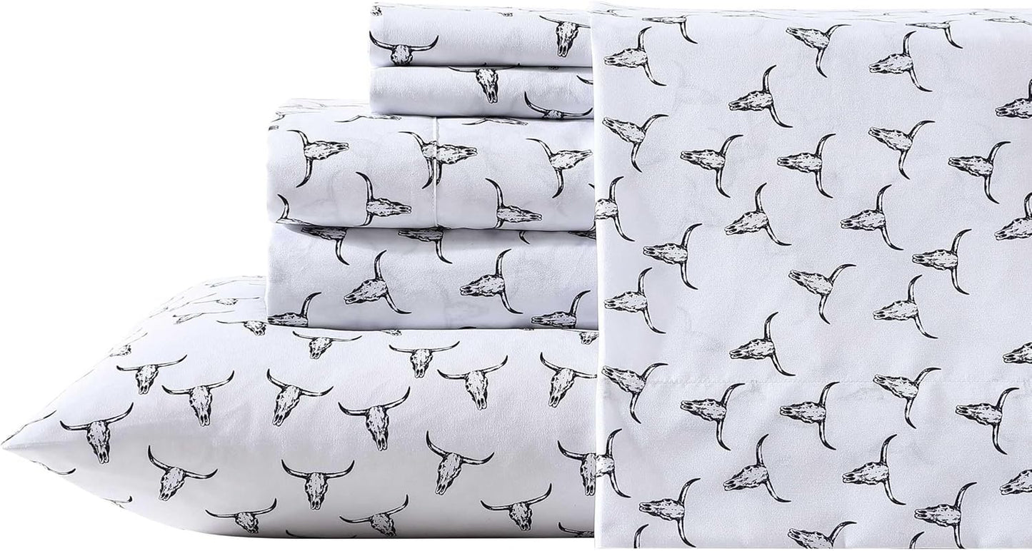 Wrangler - Twin XL Bed Sheets, Breathable & Wrinkle Resistant Bedding with Matching Pillowcase, Lightweight for Year-Round Use, Dorm Essentials (Steer Skulls Black)