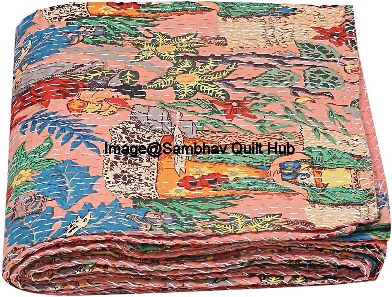 Floral Printed Cotton Quilted Blanket Indian Handmade Bedspread Kantha Work Bohemian Bed Decor Throw Blanket Twin/King/Queen (Twin 60"x90" with Pillow Cover)