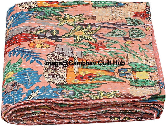 Floral Printed Cotton Quilted Blanket Indian Handmade Bedspread Kantha Work Bohemian Bed Decor Throw Blanket Twin/King/Queen (Twin 60"x90" with Pillow Cover)