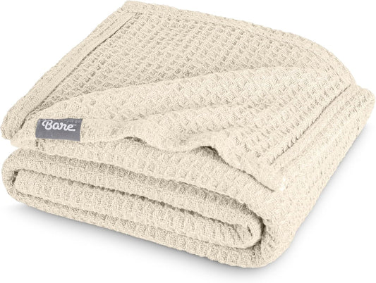 Bare Home Oyster Waffle Blanket, Throw Size 44Wx66L, 100% Cotton, Soft & Breathable for All Seasons, Lightweight, Perfect for Layering Bed, Sofa & Couch (Throw/Travel, Oyster)