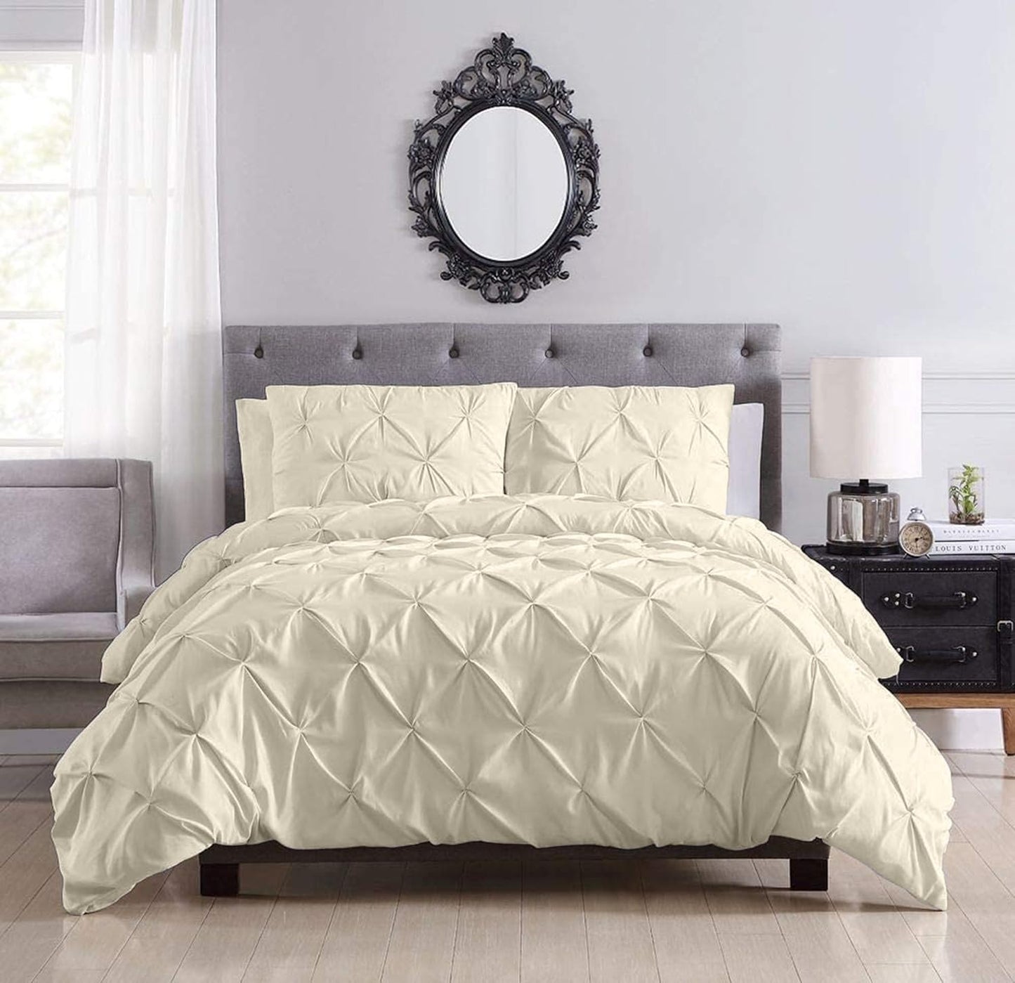 Pinch Pleated Duvet Cover Set 100% Brushed Microfiber 3PC Oversize Plus Size 128x120 Duvet Cover Set, Decorative Pinch Design Ivory Duvet Cover with Matching Pillow Case
