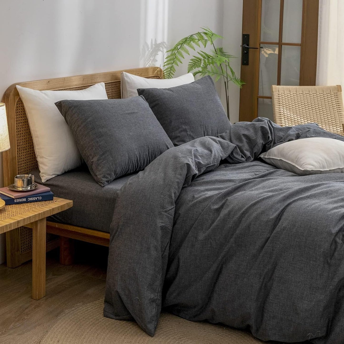 BESTOUCH Duvet Cover Set 100% Washed Cotton Linen Feel Super Soft Comfortable Chic Lightweight 3 PCs Home Bedding Set Solid Dark Black Oversized Full