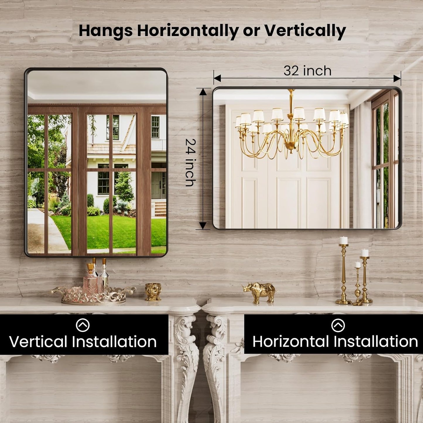 22x30 Inch Black Bathroom Mirror, Rounded Rectangle Matte Framed Wall Mounted Mirror, Bathroom Vanity Mirror, Tempered Glass, Anti-Rust, Horizontal/Vertical...