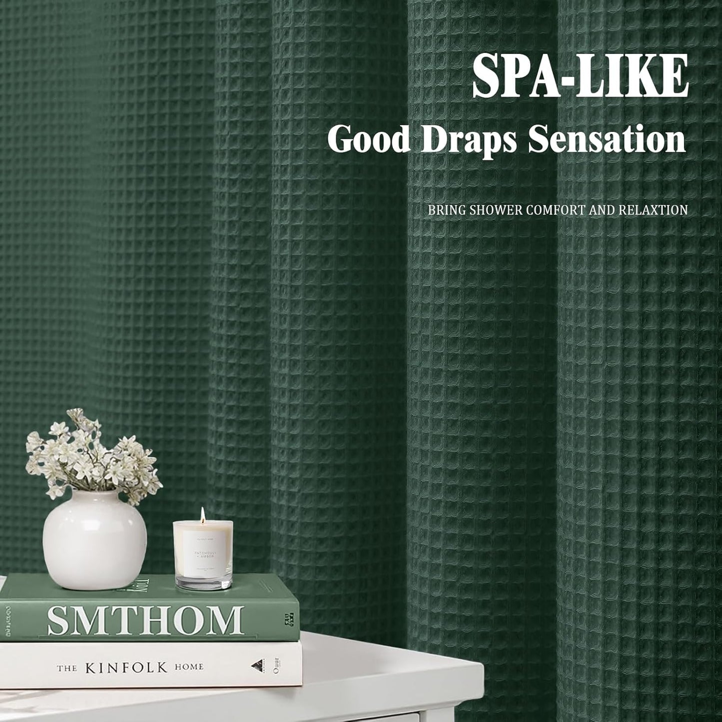 Waffle Weave Shower Curtain - Dark Green Cotton Fabric Texture Heavyweight Shower Curtain for Bathroom,Washable,72Wx72L