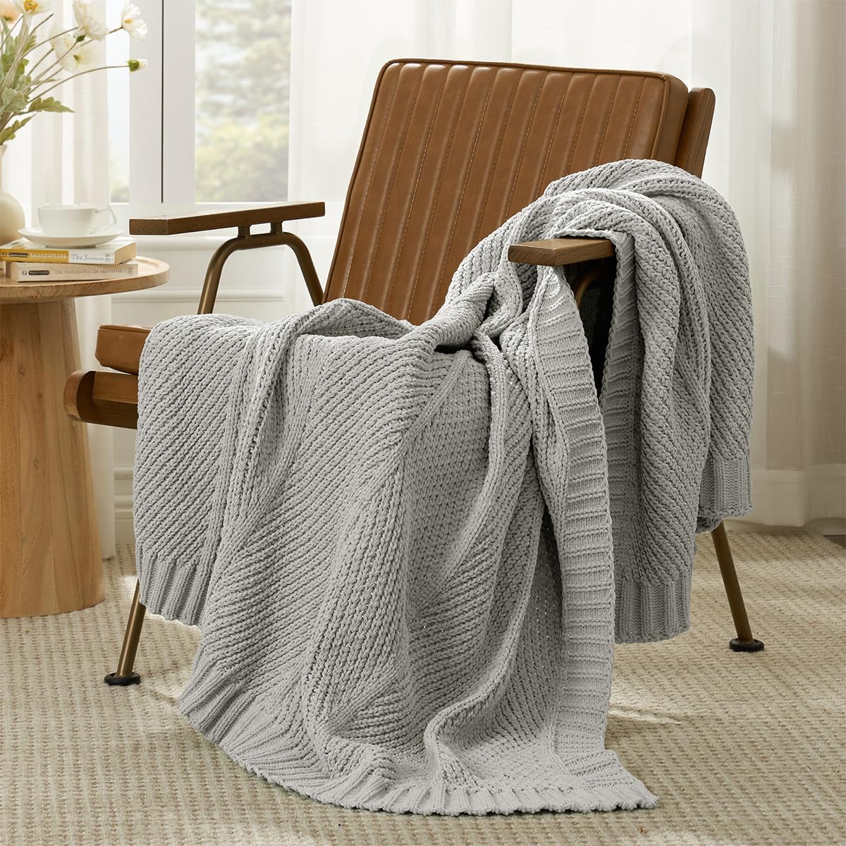 Amélie Home Chevron Chenille Knit Throw Blanket for Couch, Cozy Texture Decorative Soft Blanket for Sofa & Chair, 60"x80", Light Grey