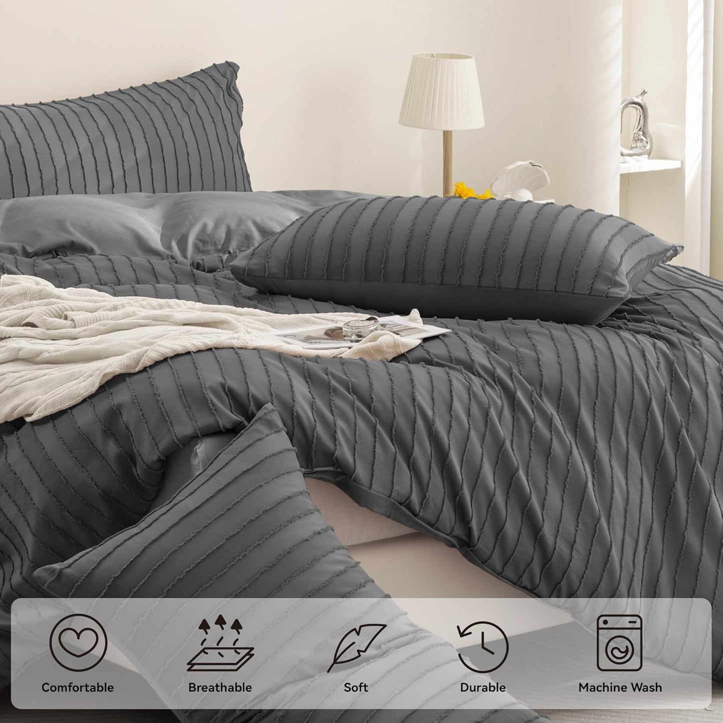 JELLYMONI Duvet Cover Queen Size Dark Grey - 3PCS Boho Striped Duvet Cover Set Polyester Tufted Bohemian Textured Comforter Cover 90×90in with Corner Ties & Zipper and 2 Pillowcases