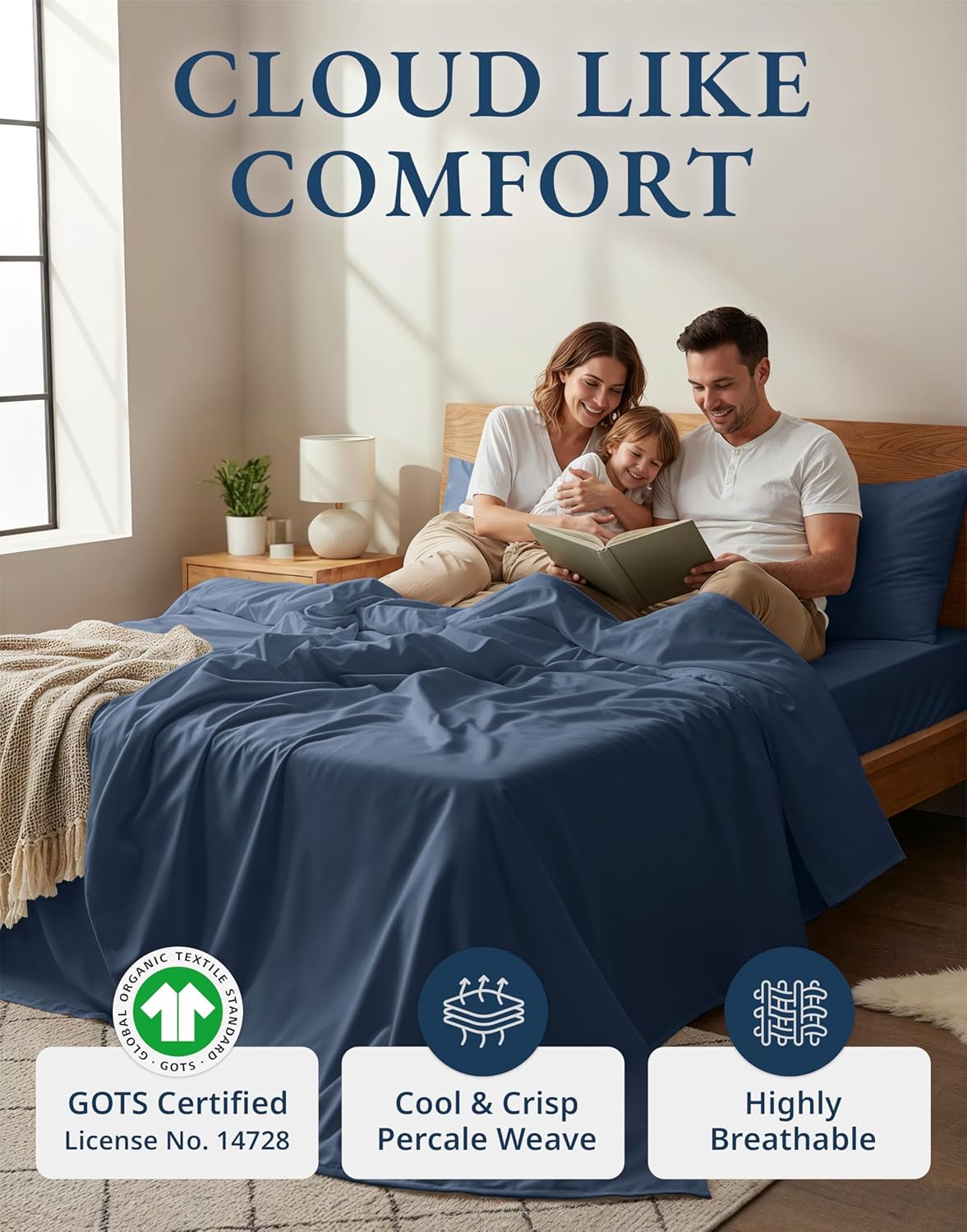 LANE LINEN 100% Organic Cotton Sheets for King Size Bed - Soft Percale Sheets, Breathable Luxury Hotel Style Machine Washable Fully Elasticized Mercerized 15" Deep Pocket King Sheet Set- Estate Blue