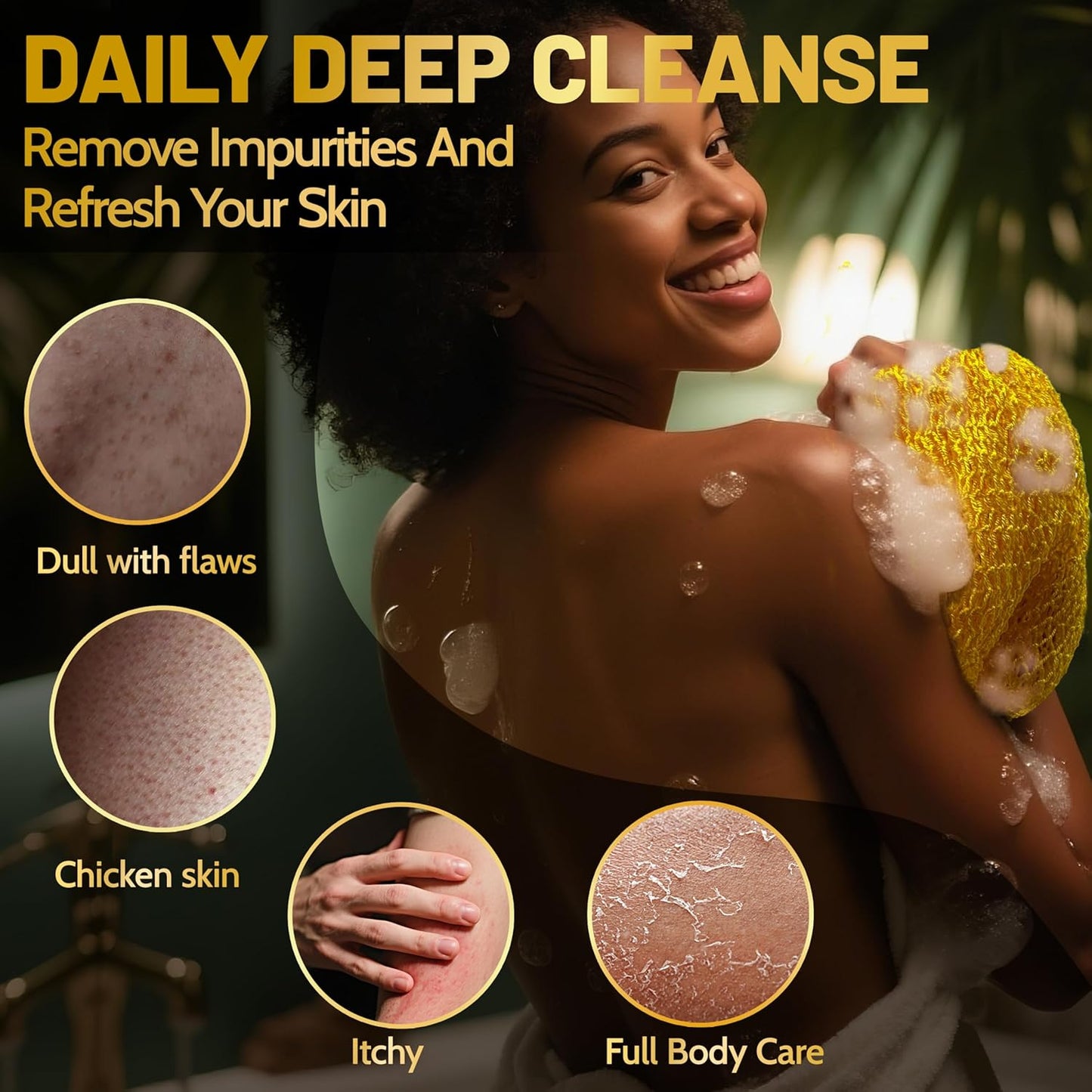 African Net Sponge Authentic,3Pack Loofah Exfoliating Body Scrubber Bath Sponge, Back Scrubber Washcloth for Shower,Gentle Exfoliator and Rich Lather for Women and Men (Black、Yellow、Purple)