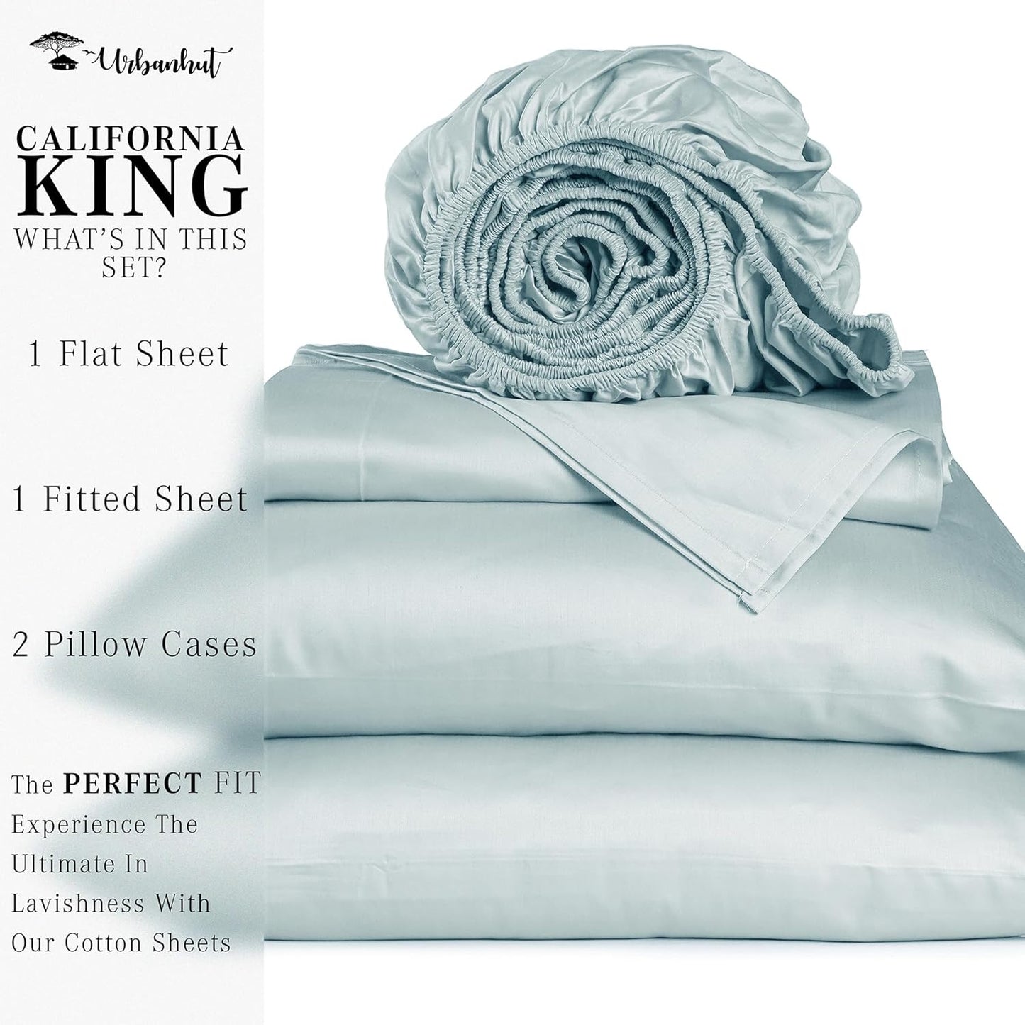 URBANHUT 1000 Thread Count California King Sheet Set Egyptian Cotton, Long Staple Soft & Breathable, 4 Pc Bed Sheet Sets, Luxury Hotel Sateen Sheets Fits 16" Deep Pocket - Light Blue