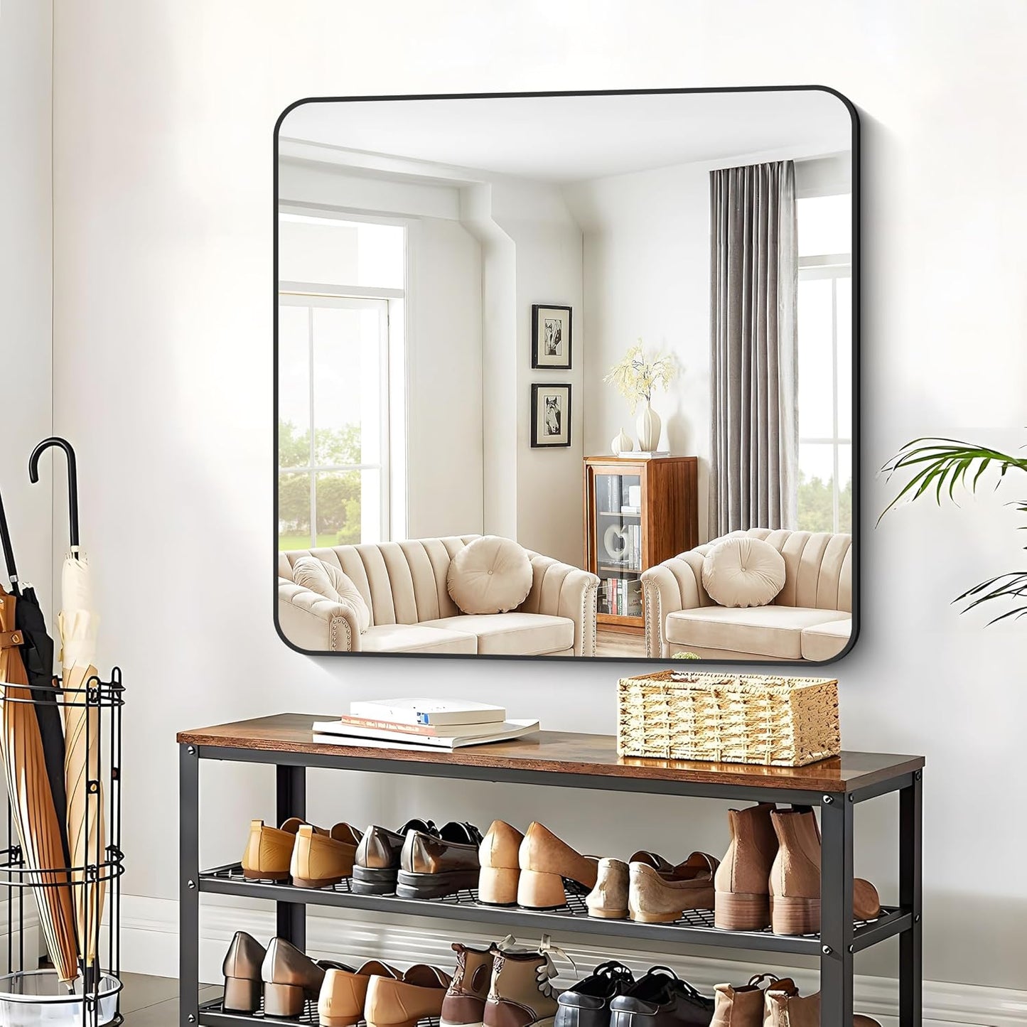 Bathroom Mirror, 42x42 inch Black Square Wall Mirror, Rounded Corner Aluminum Metal Frame Vanity Mirror, Large Wall Mounted Mirrors for Over Sink Bedroom Living Room Entryway
