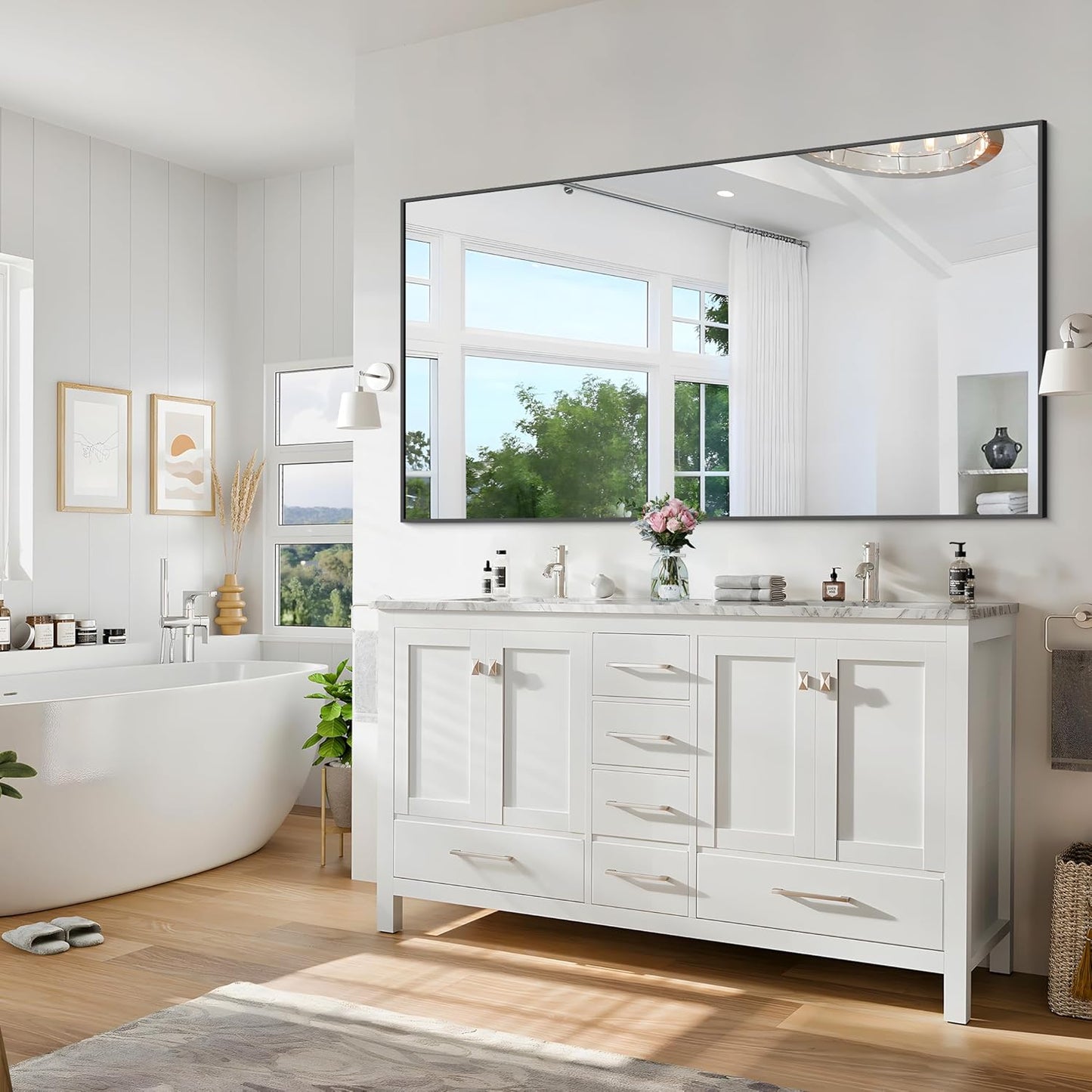 Black Bathroom Mirror for Wall, 60x36 Inch Rectangle Mirrors with Metal Frame, Large Modern Vanity Wall Mirror for Bathroom Living Room, Entryway Hangs Horizontal or Vertical