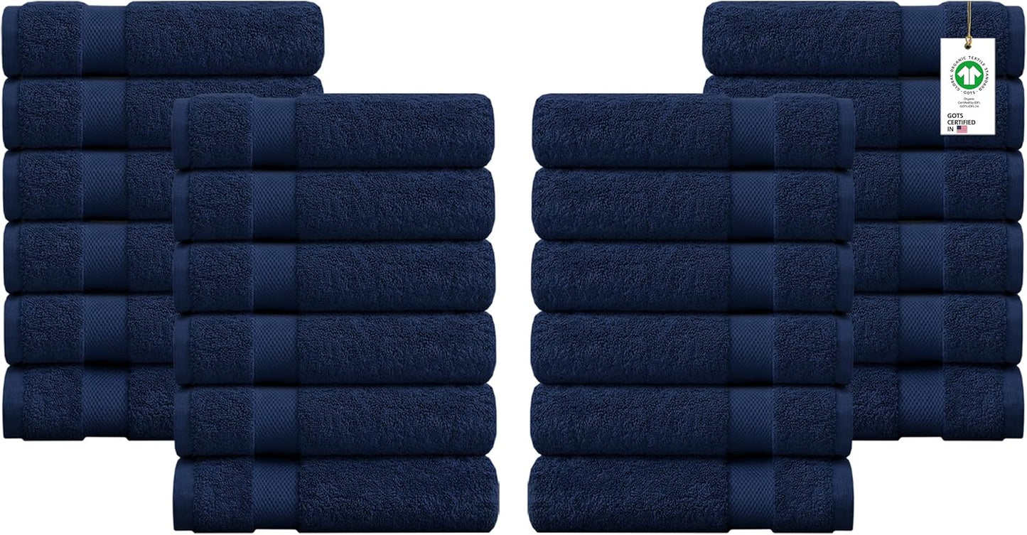 Delara 100% Organic Cotton Towels 650 GSM Plush Feather Touch Quick Dry Wash Cloth, Pack of 24 GOTS Certified, Oeko-Tex Green Certified, Organic Cotton Wash Cloth, 13"X13"