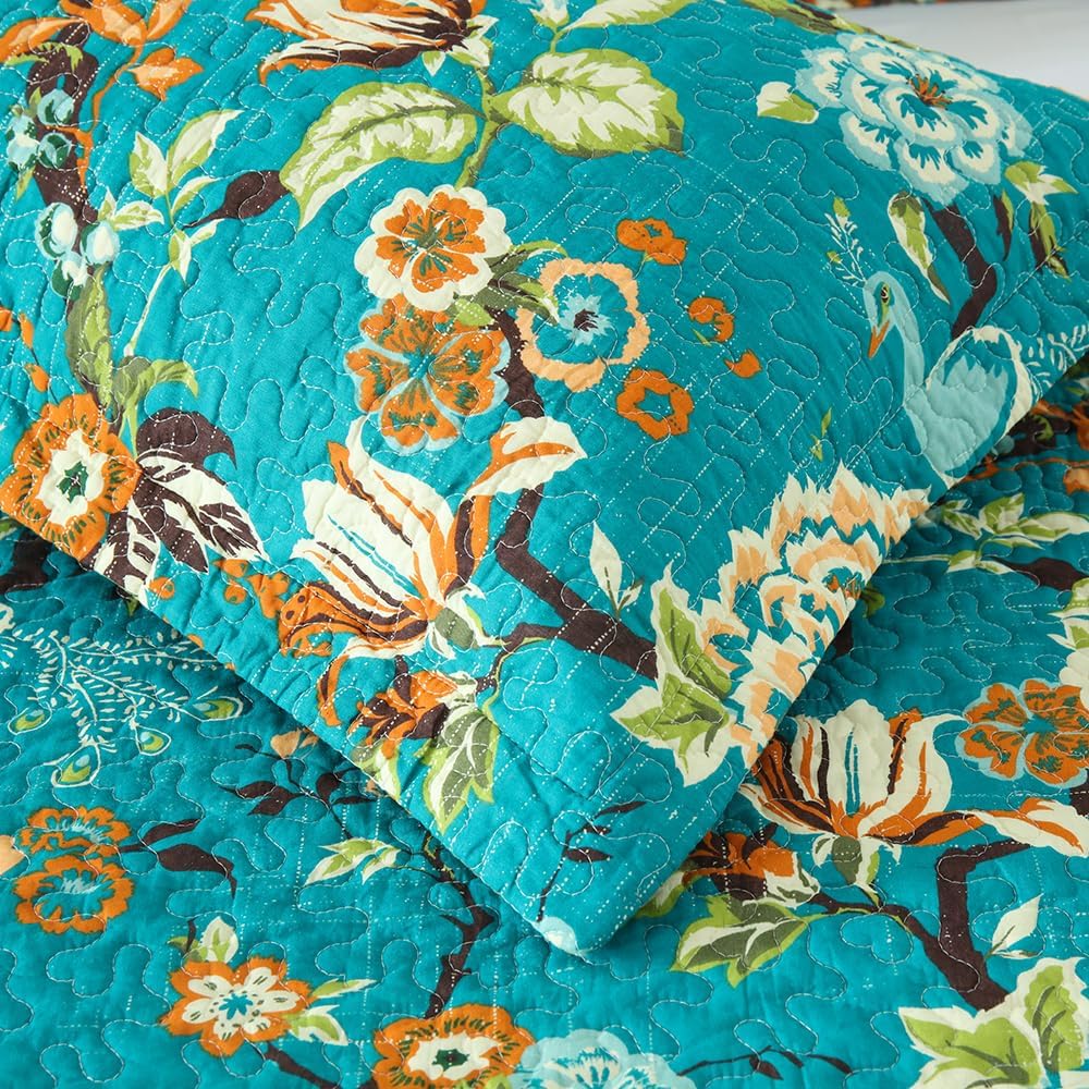 ENASAL Cotton Bedspread Quilt Sets Reversible Bedding Coverlet Sets Comforter, Vintage Floral Farmhouse Pastoral Turquoise Bedspread, Queen Size