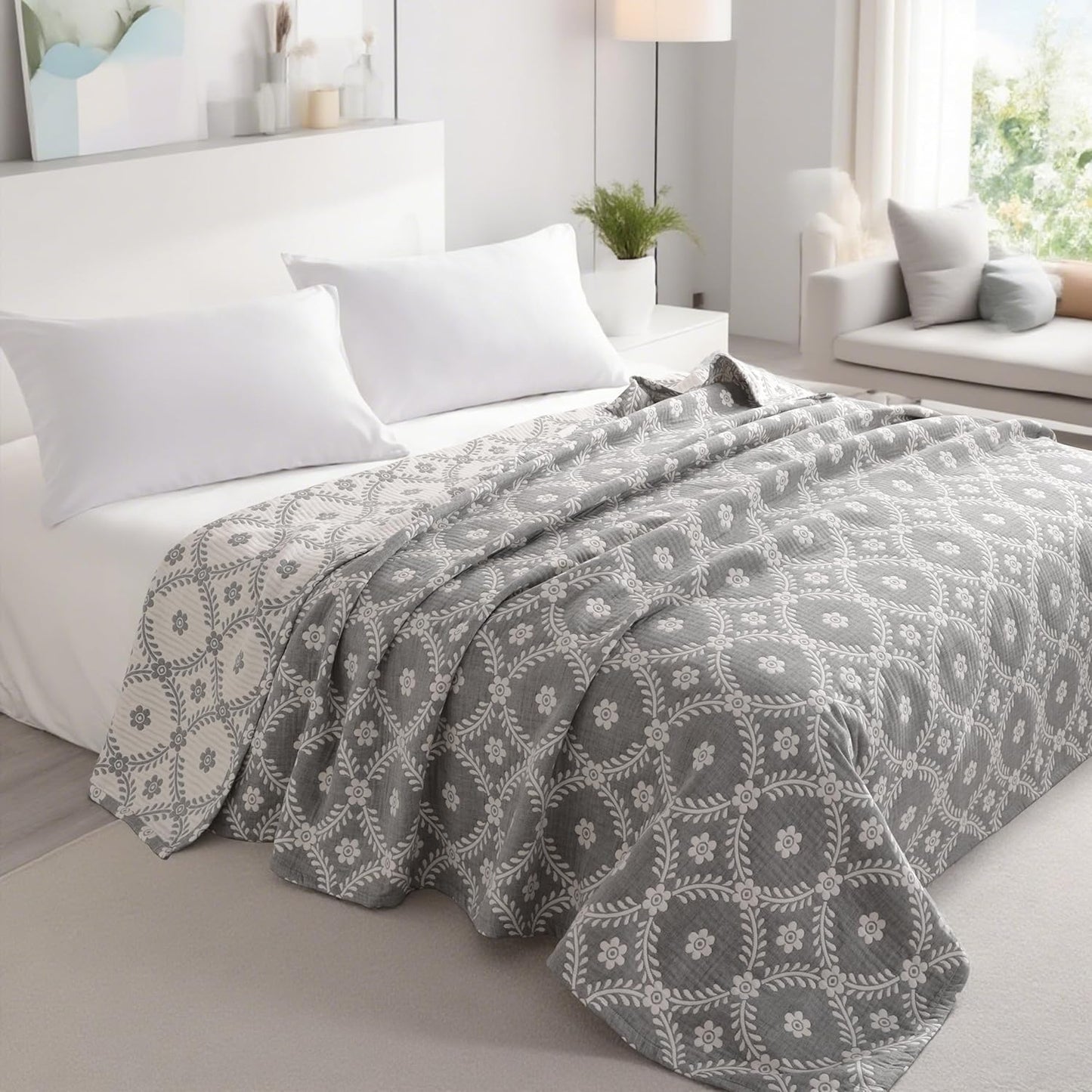 NTBAY 3 Layers Cotton Muslin 68x92 Twin Bed Blanket, Super Soft Breathable Thermal Yarn Dyed Quilt for Adults, Perfect Lightweight Blanket for Couch Sofa Bed All Seasons, Grey Garlands