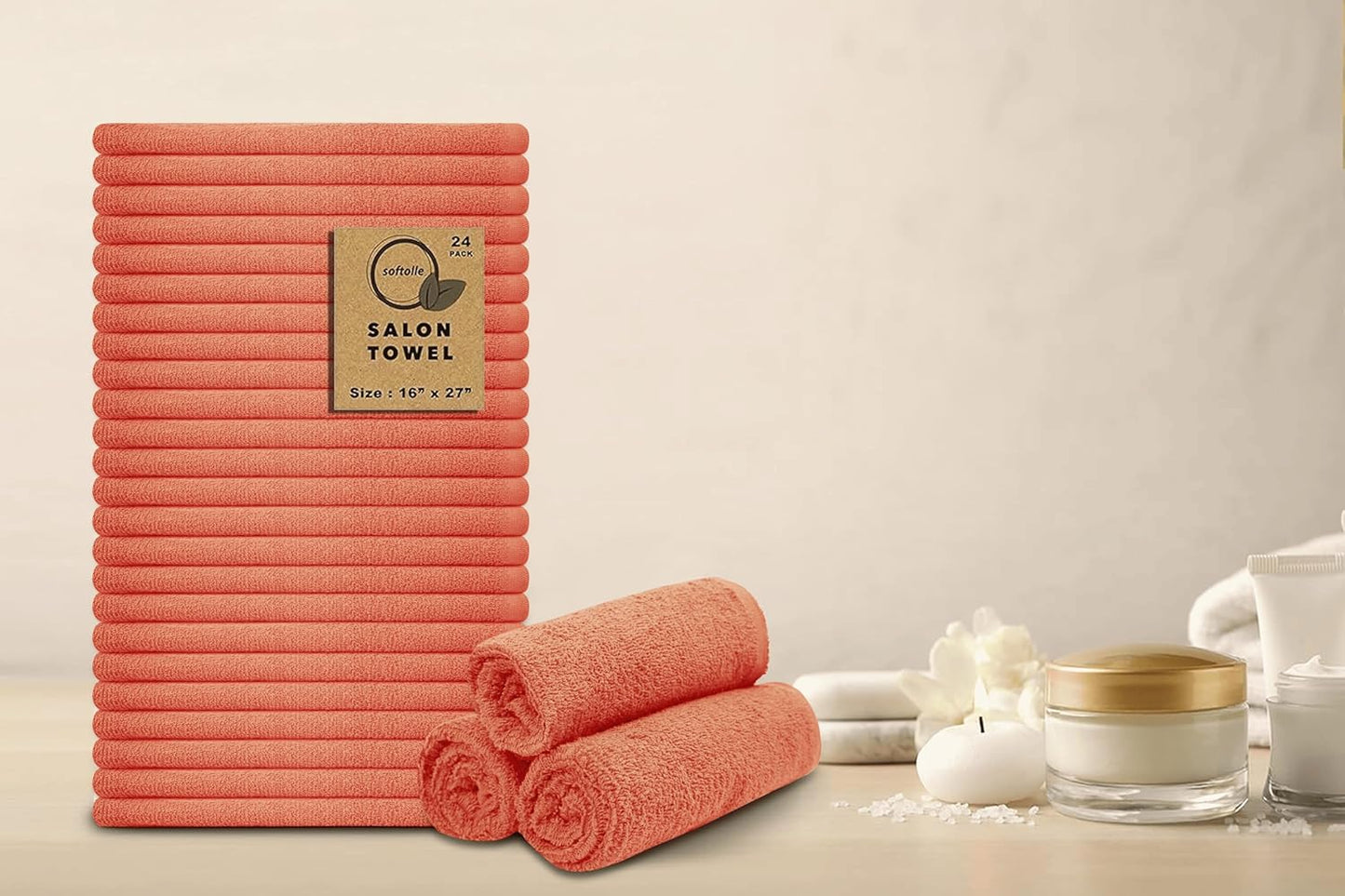 Softolle Salon Towels – Pack of 24 (16"x27") 100% Cotton Ring Spun (Not Bleach Proof) Ultra Soft, Highly Absorbent Hand Towels – Bulk for Spa, Gym & Salon (Coral)